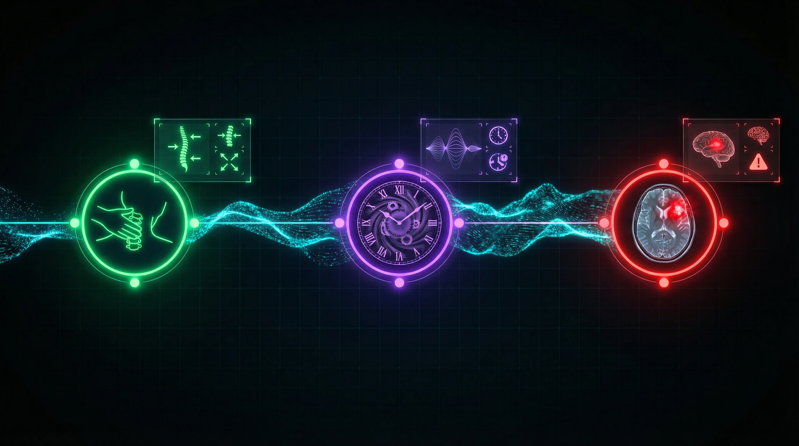 Timeline visualization showing progression from neck manipulation to stroke symptoms