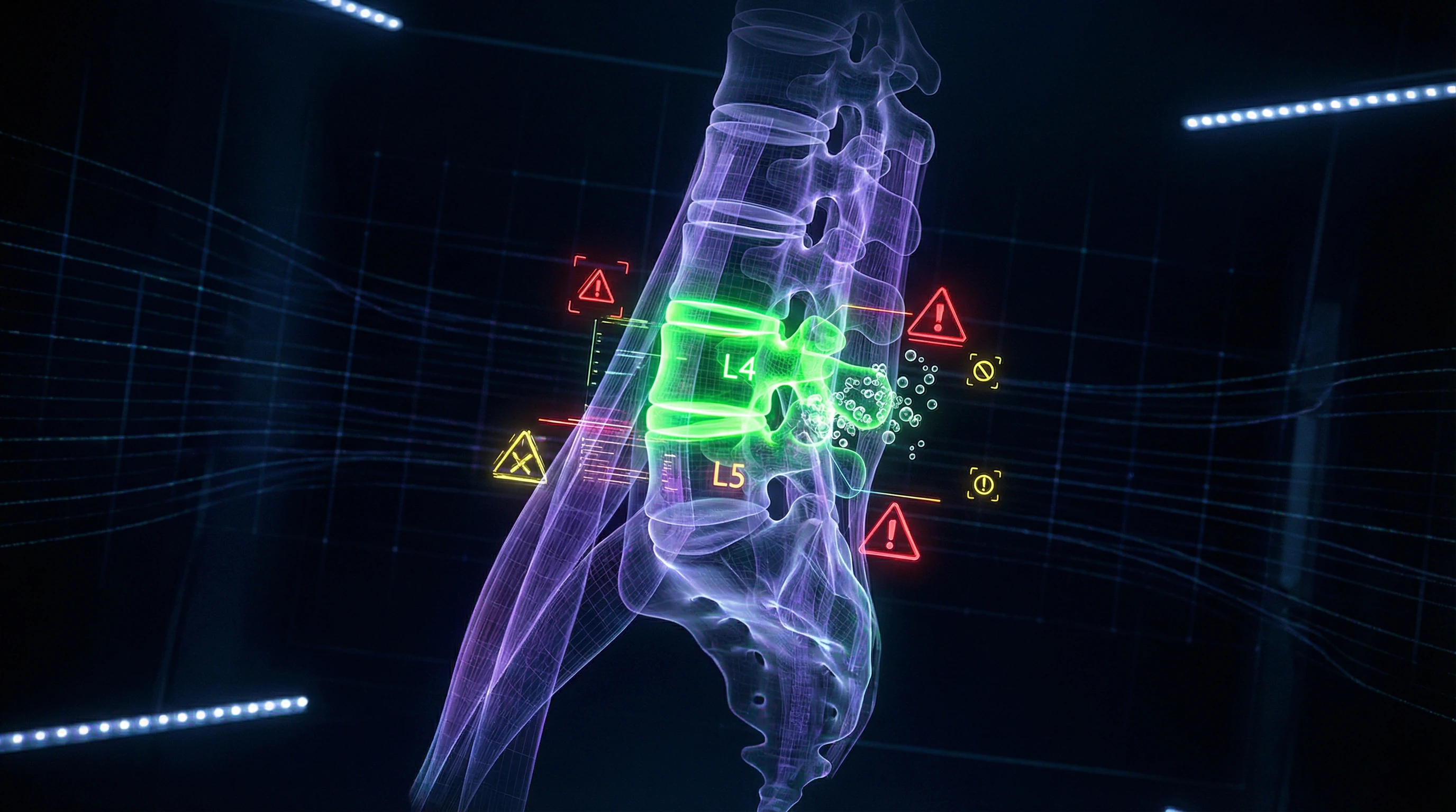 Visualización holográfica de la columna vertebral con zonas de manipulación iluminadas y símbolos de error