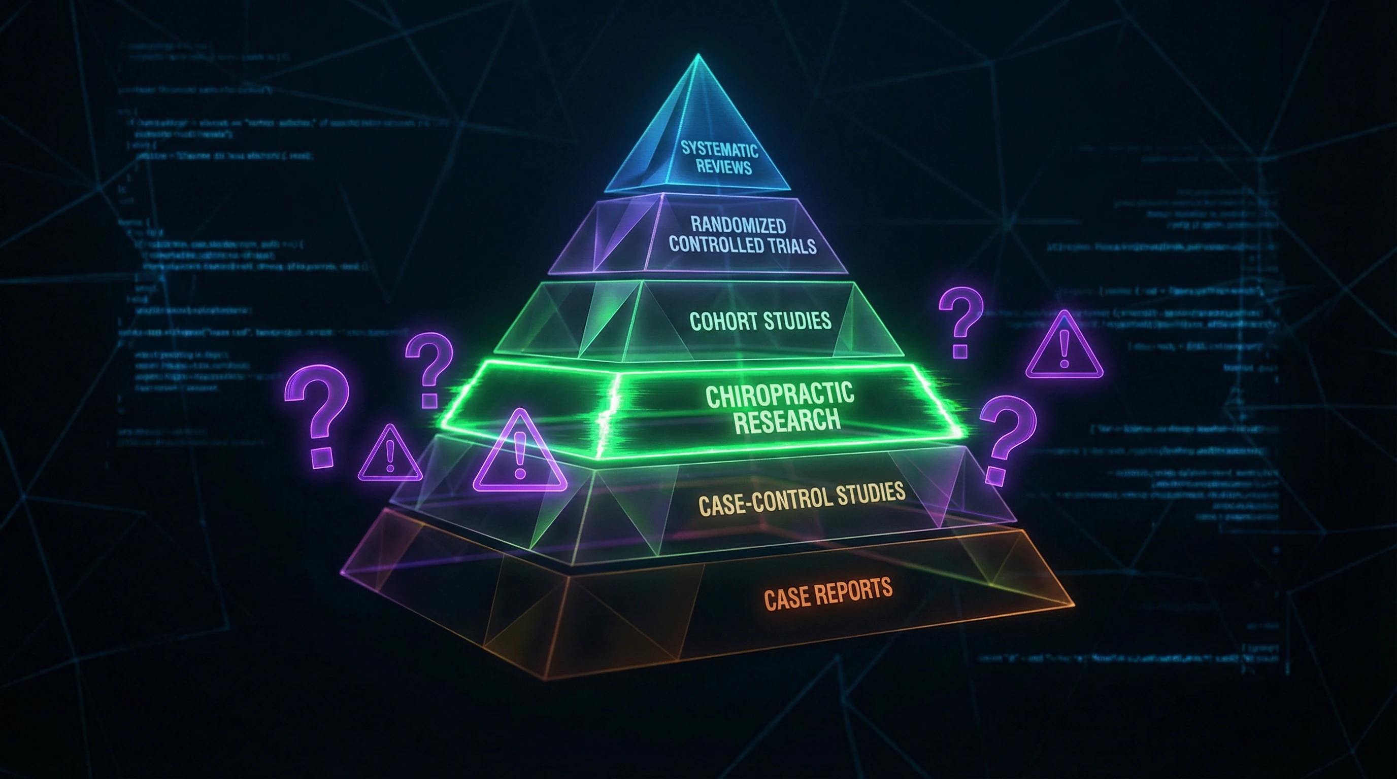 Pirámide de medicina basada en evidencia con resaltado del nivel de estudios quiroprácticos