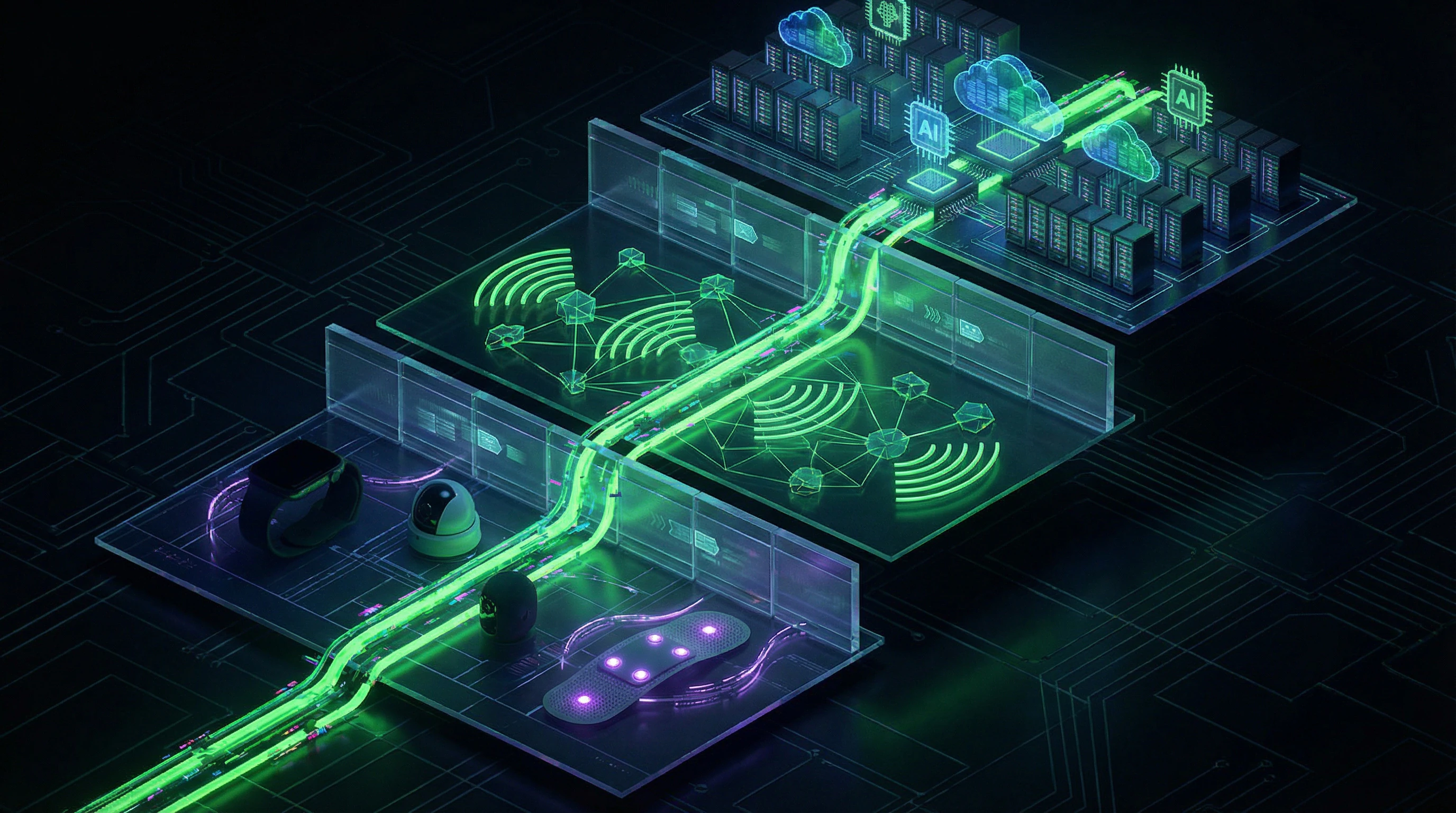 Three-tier IoT architecture with visualization of data flows from sensors to cloud servers