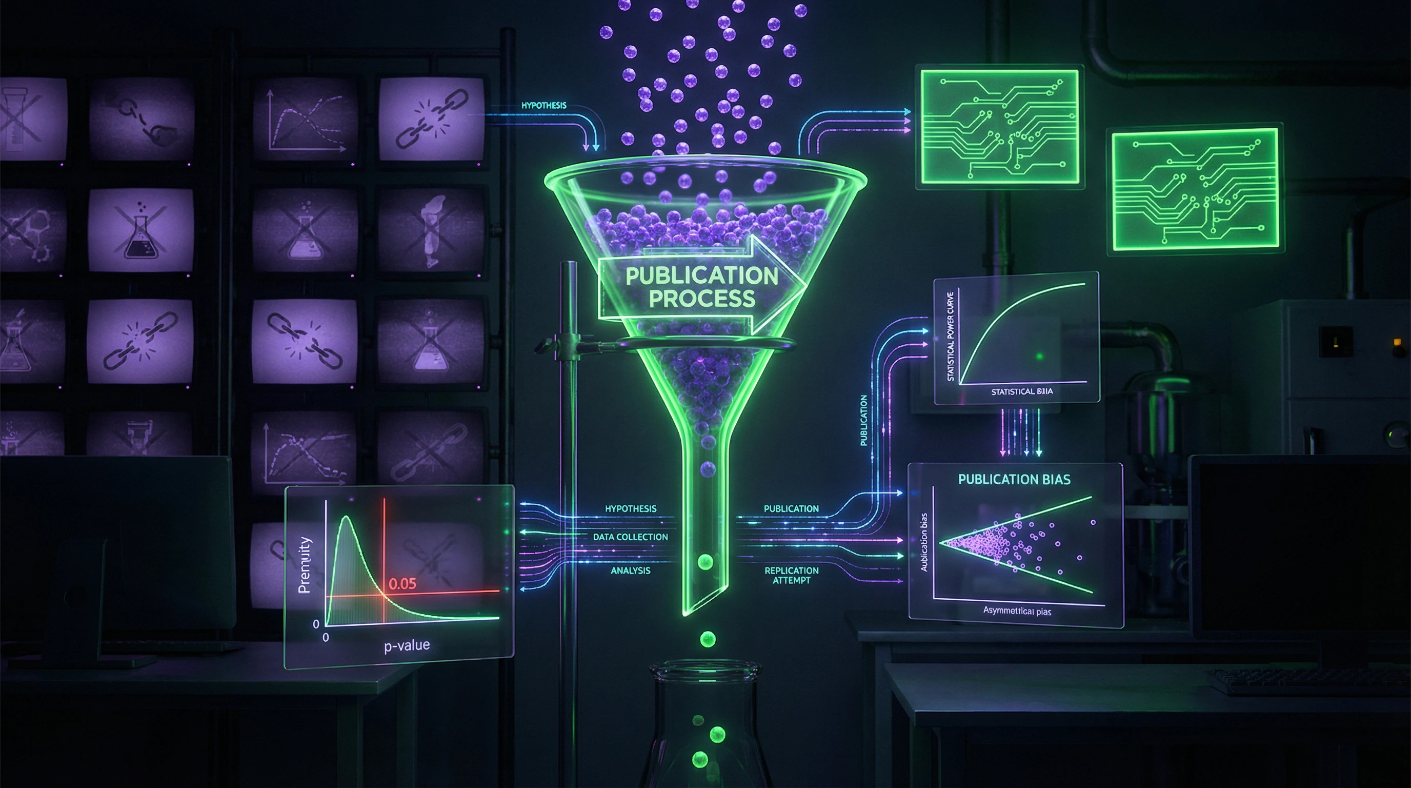 Visuelle Darstellung der Replikationskrise in der Wissenschaft durch das Prisma statistischer Power und Publikationsbias