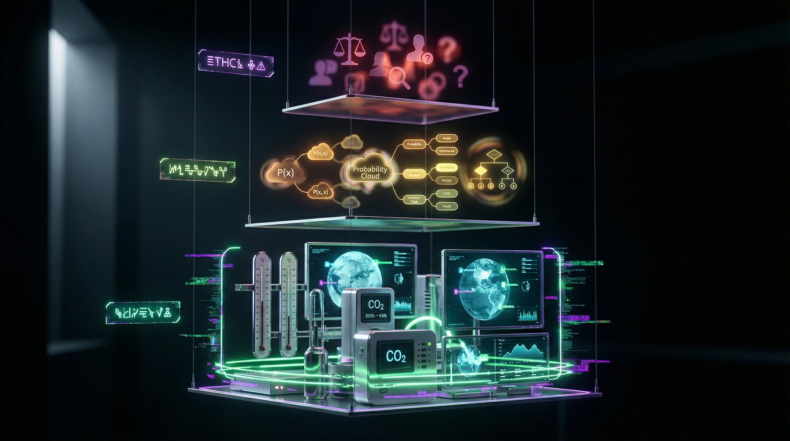 Three-level diagram of climate claims with separation into physical measurements, model projections, and normative judgments