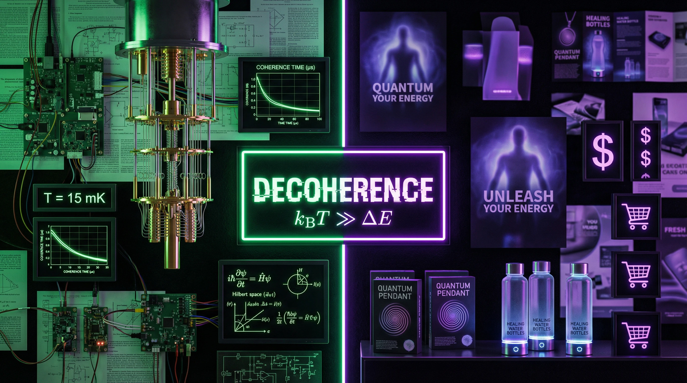 Visual diagram separating scientific quantum terminology from pseudoscientific exploitation