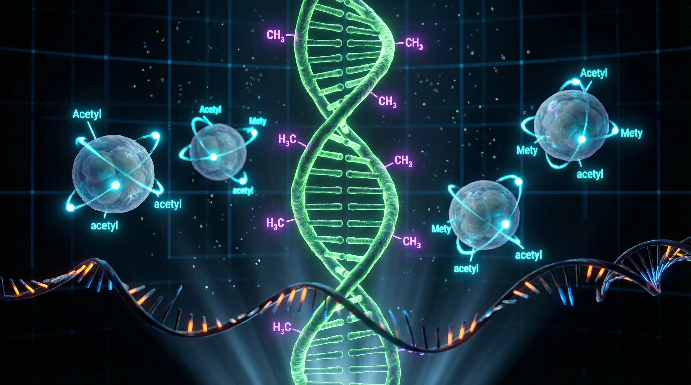 Diagram of three main epigenetic mechanisms: DNA methylation, histone modifications, and small RNA regulation