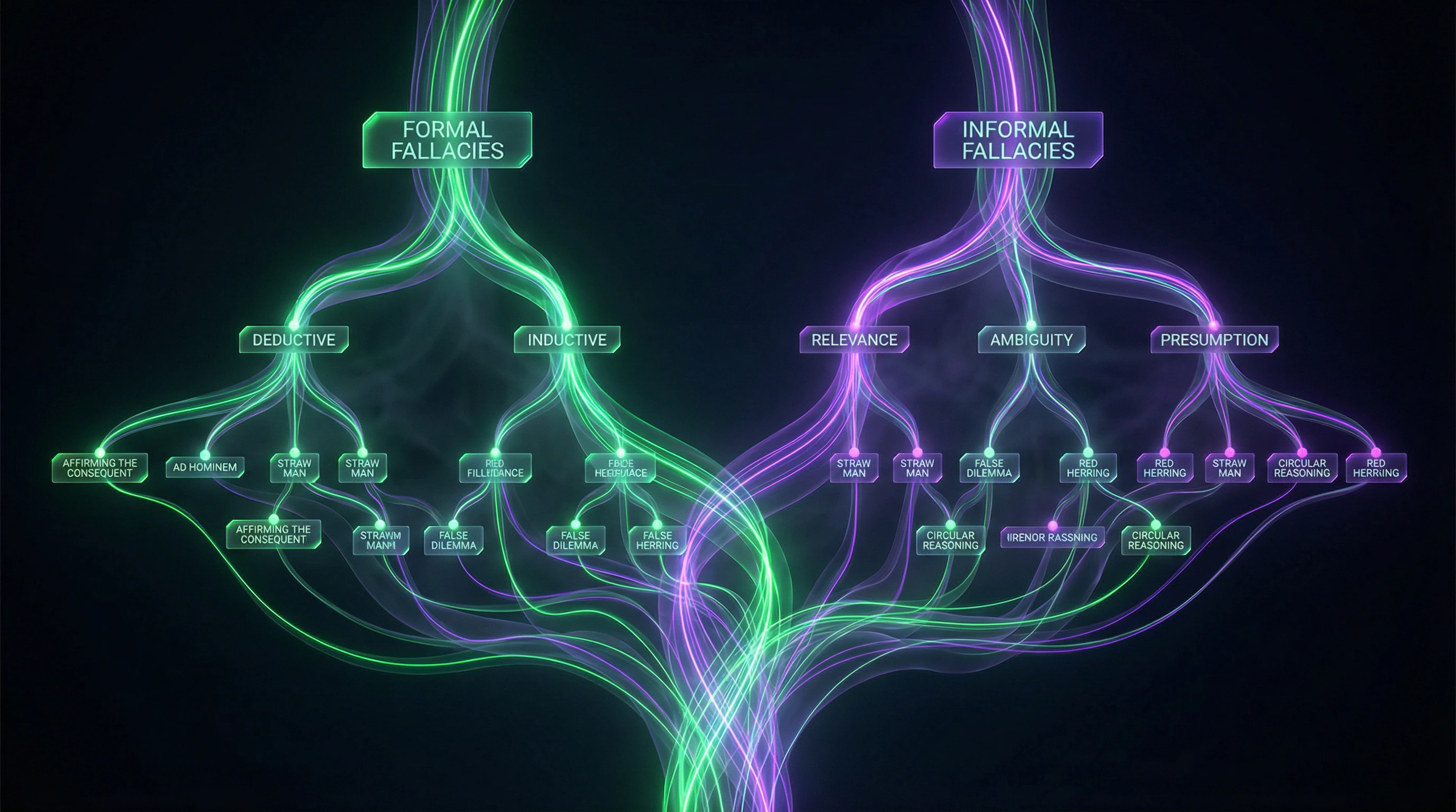Visualization of logical fallacy taxonomy as a tree structure with neon connections