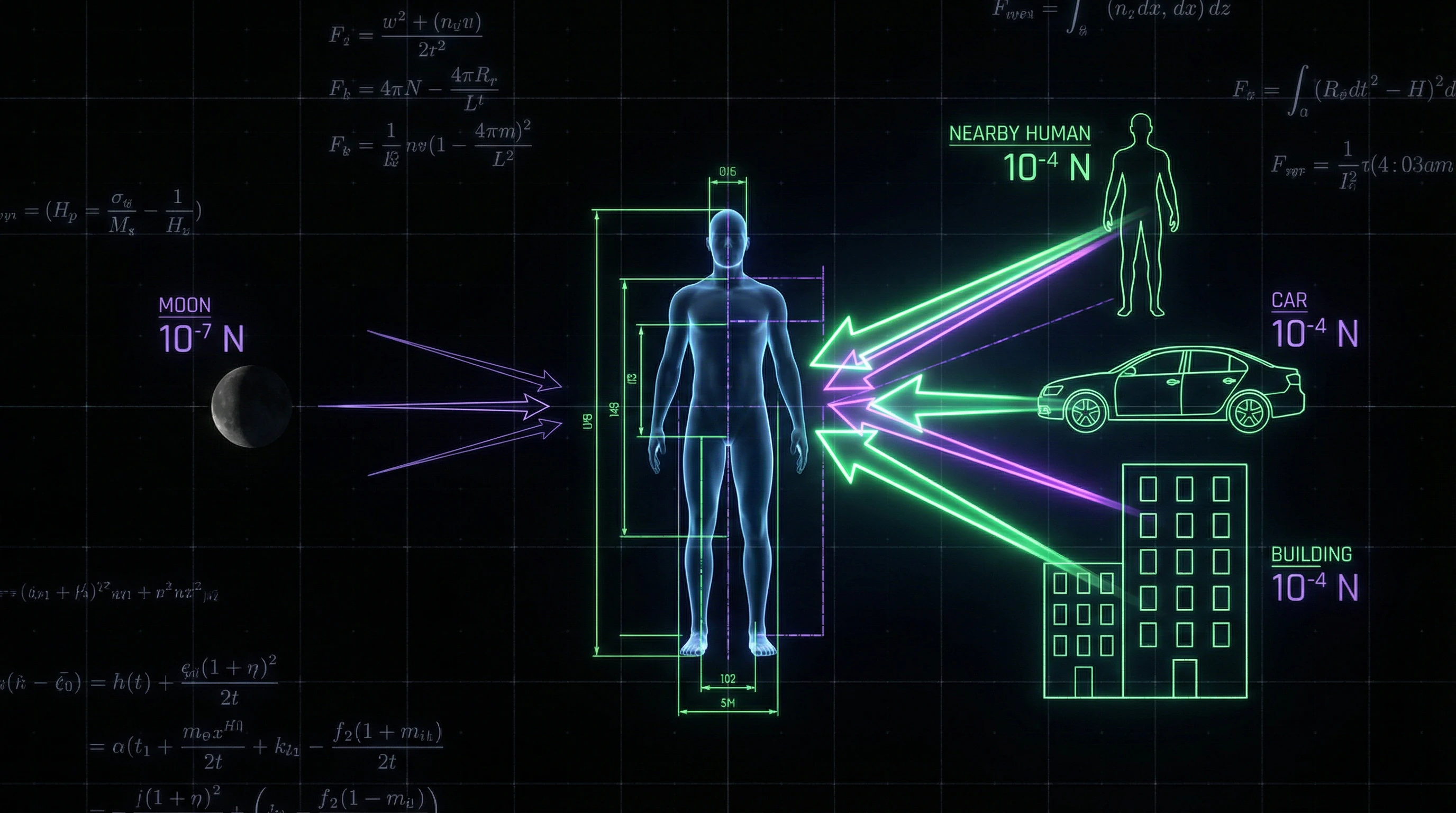 Comparative visualization of gravitational effects of various objects on a human