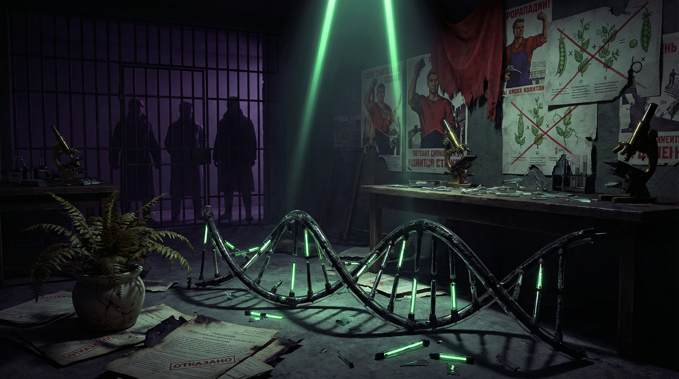 Visualization of the destruction of Soviet genetics: laboratory with broken equipment and silhouettes of repressed scientists