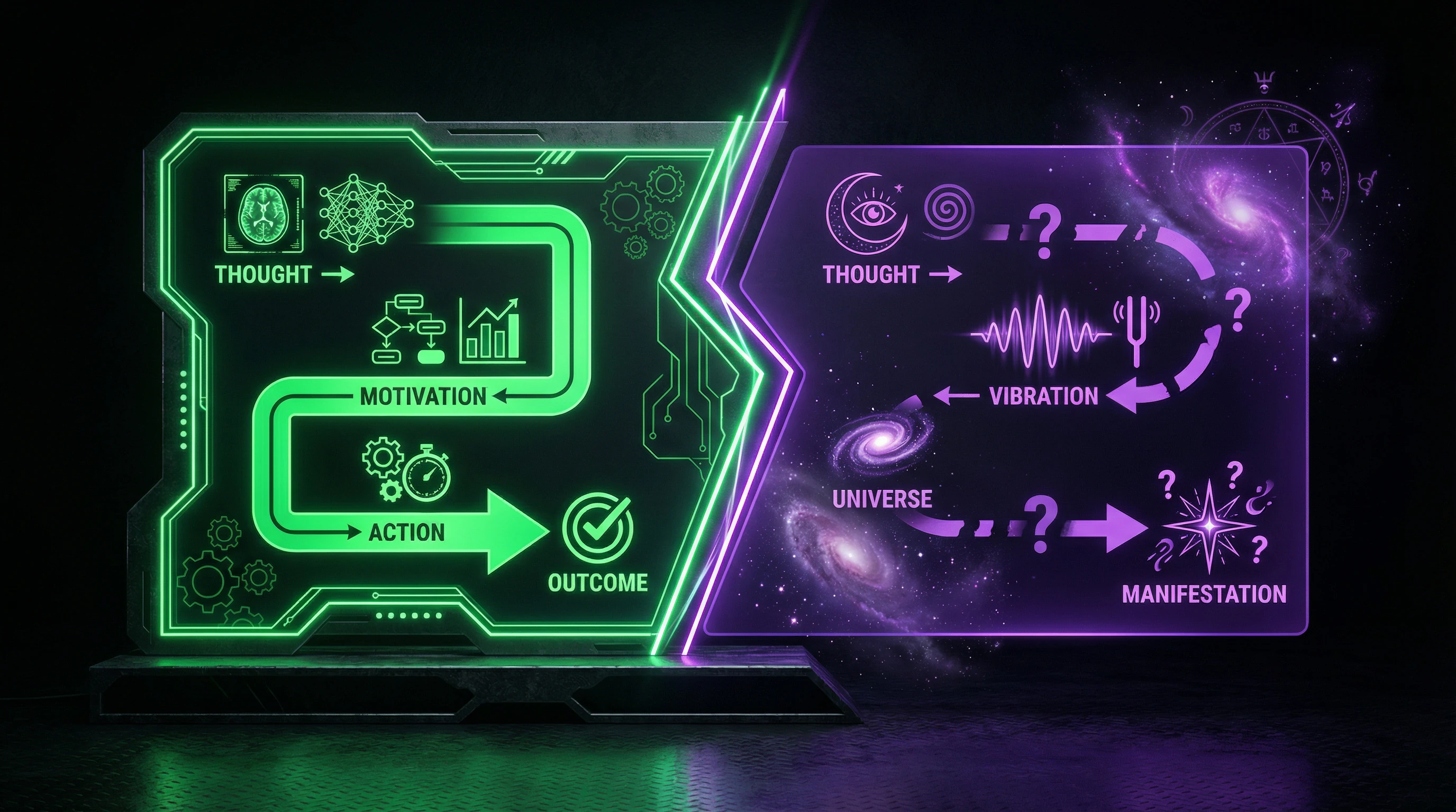 Schematic visualization of the Law of Attraction doctrine structure highlighting psychological and magical components