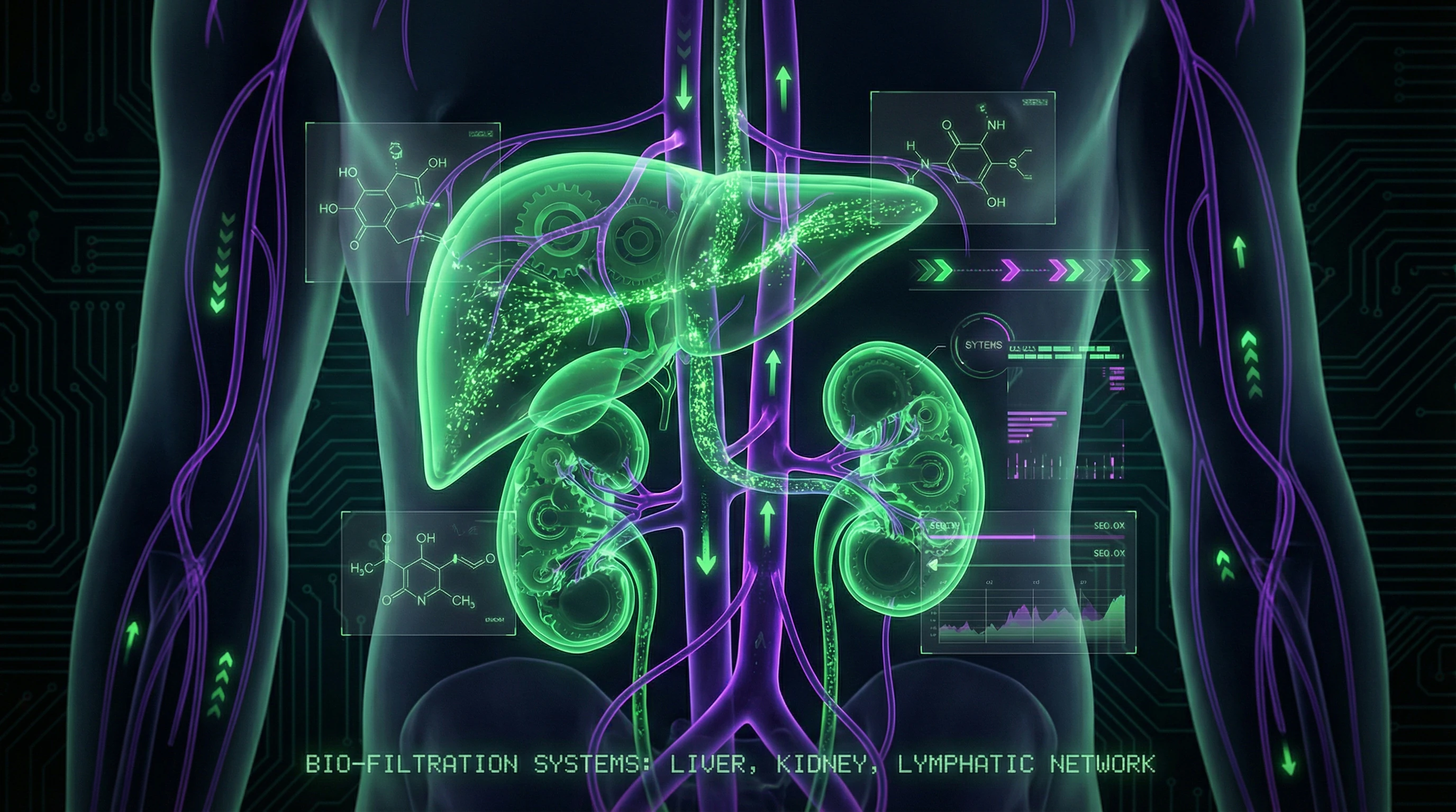 Schematic illustration of the body's natural detoxification systems highlighting the liver, kidneys, and lymphatic system
