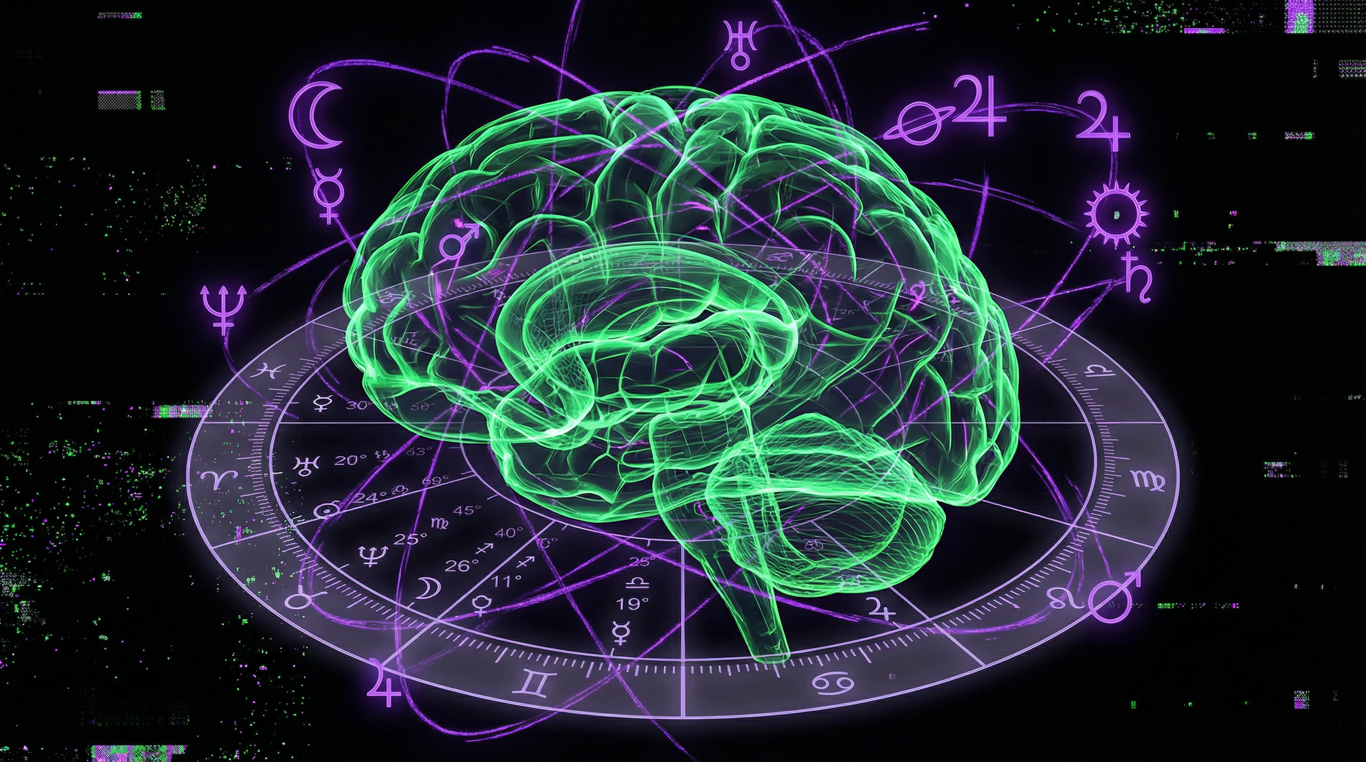 Visualization of astrology's cognitive trap with brain and astrological symbols