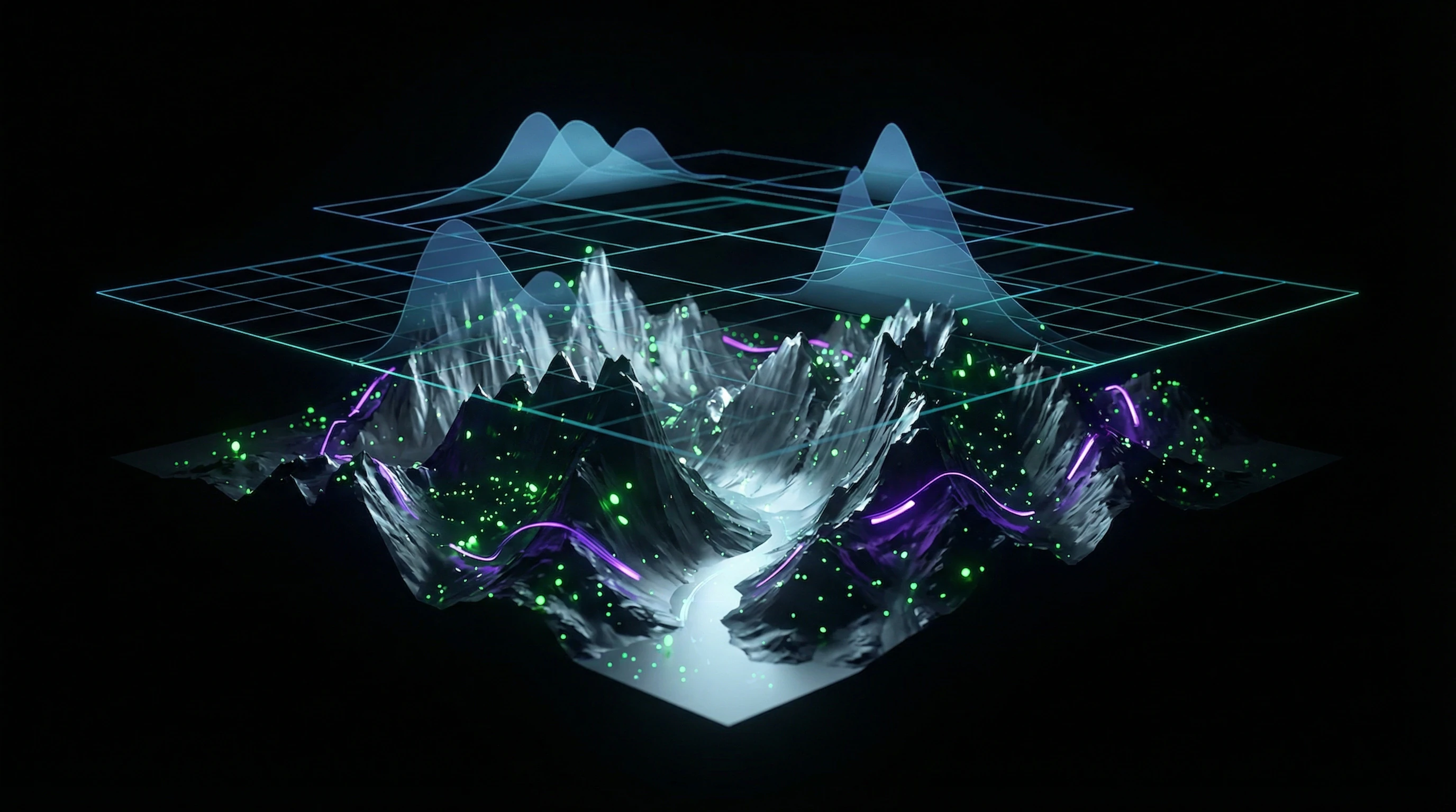 Abstract fitness landscape with population trajectories and statistical distributions