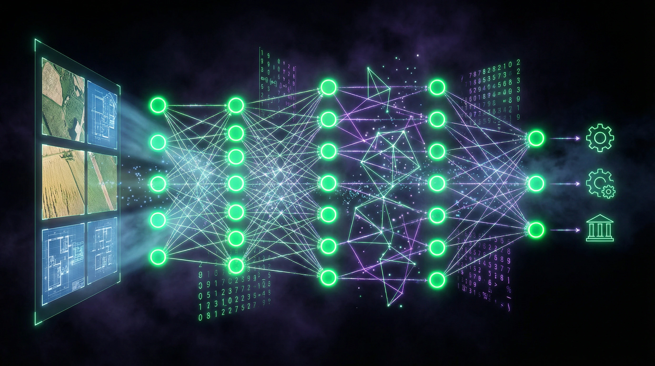 Visualization of multilayer neural network architecture with highlighted layers and data flows