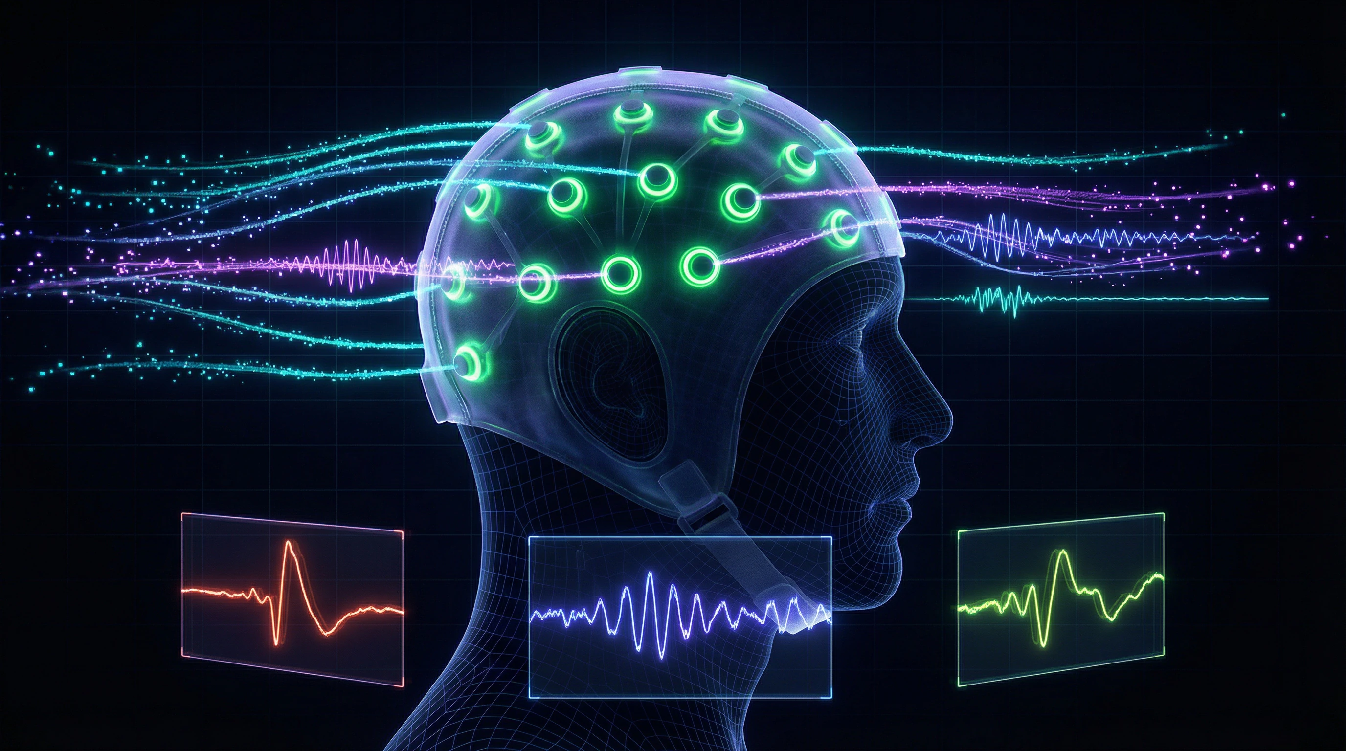 Nicht-invasive EEG-Haube mit Elektroden auf dem Kopf eines Nutzers, von der digitale Datenströme mit Hirnwellenmustern ausgehen