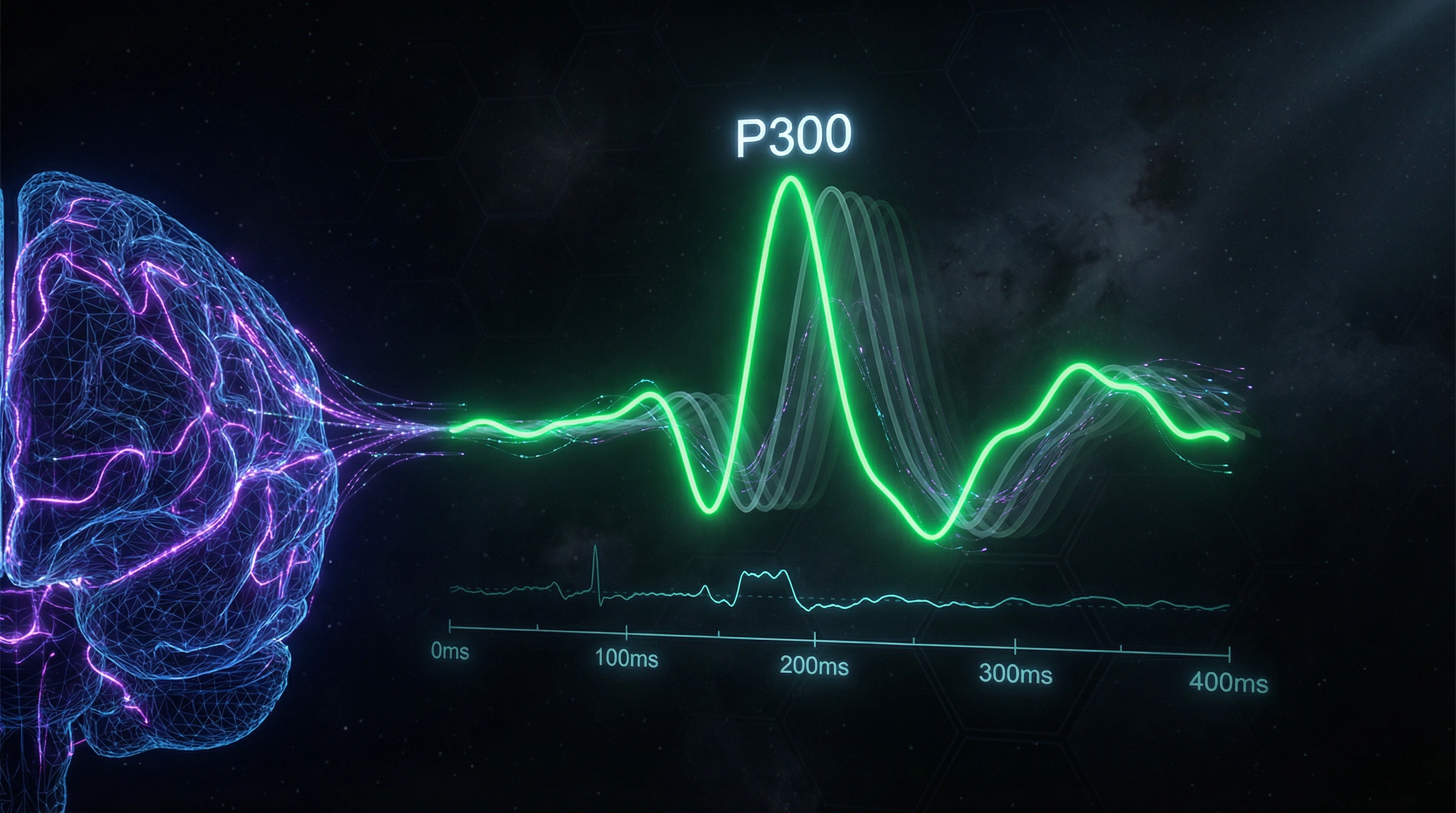 Visualisierung der P300-Welle als holografische Grafik mit charakteristischem Peak 300 Millisekunden nach dem Stimulus