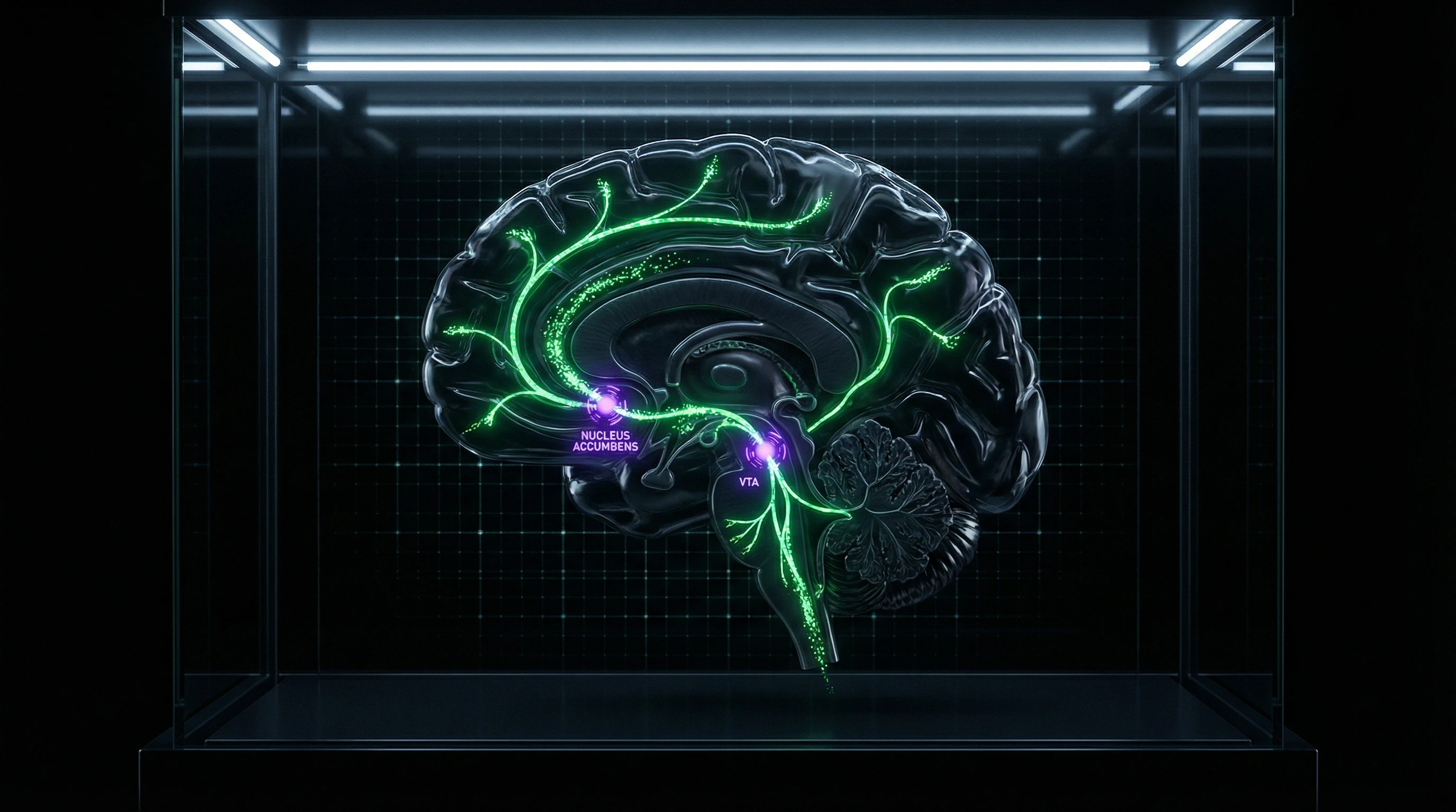 Esquema de las vías dopaminérgicas en el cerebro durante el amor romántico con énfasis en el área tegmental ventral y el núcleo accumbens