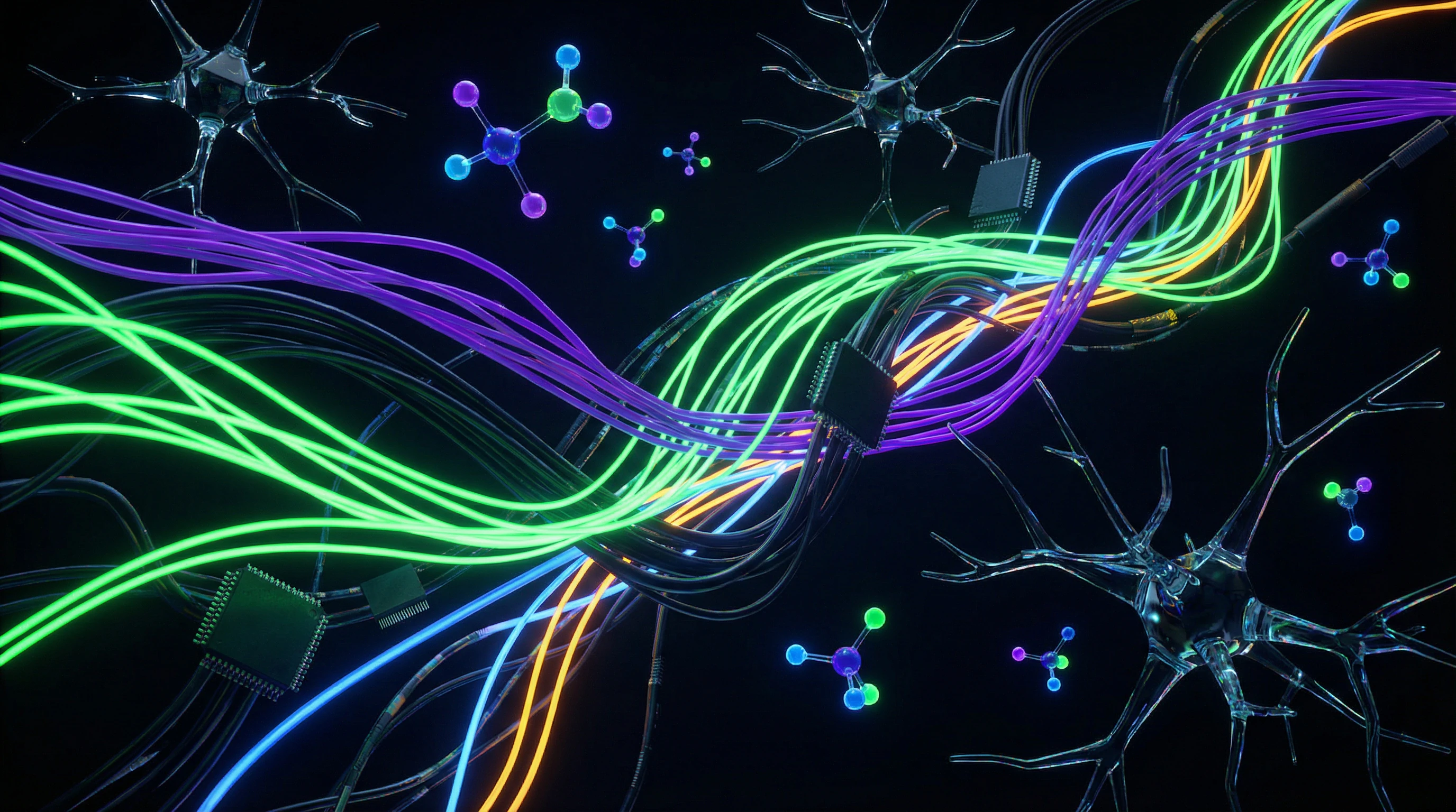 Red de neurotransmisores interactuantes en el amor romántico con visualización de dopamina, serotonina, oxitocina y noradrenalina