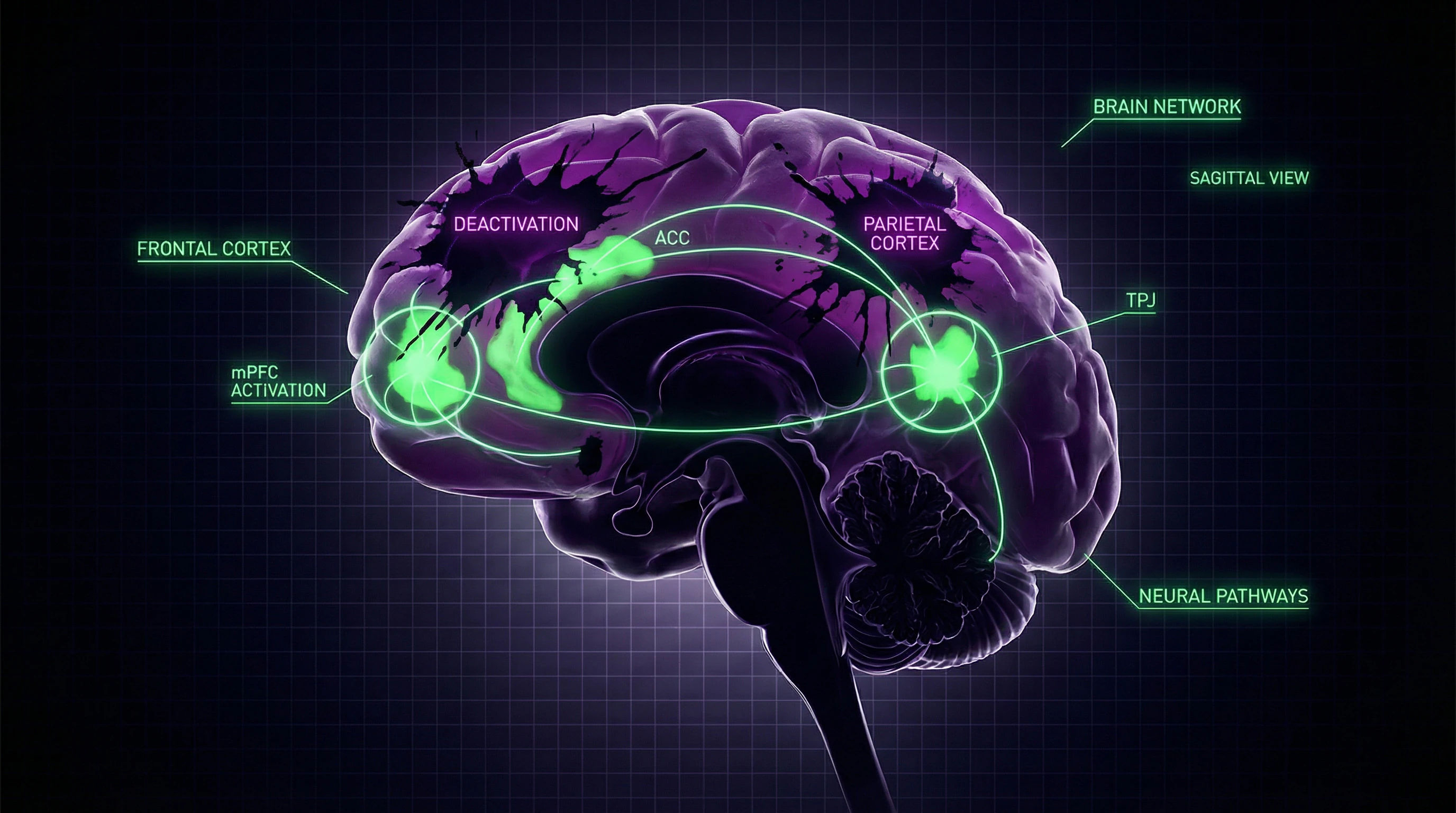 Схематическая карта мозга с зонами активации и деактивации во время молитвы