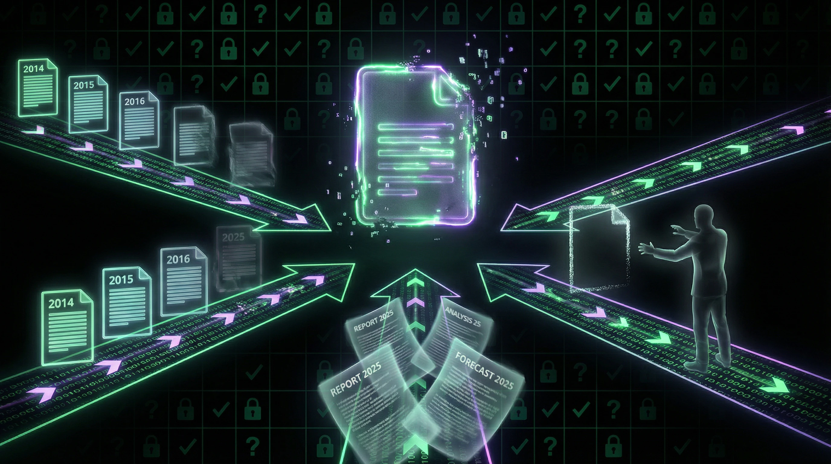 Diagram of information phantom formation showing three pathways creating the illusion of document existence