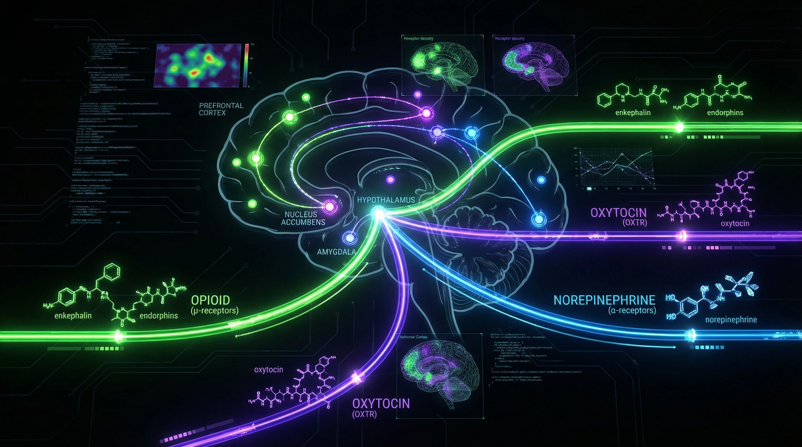 Three-component neurochemical architecture of attachment with opioid, oxytocin, and noradrenergic pathways