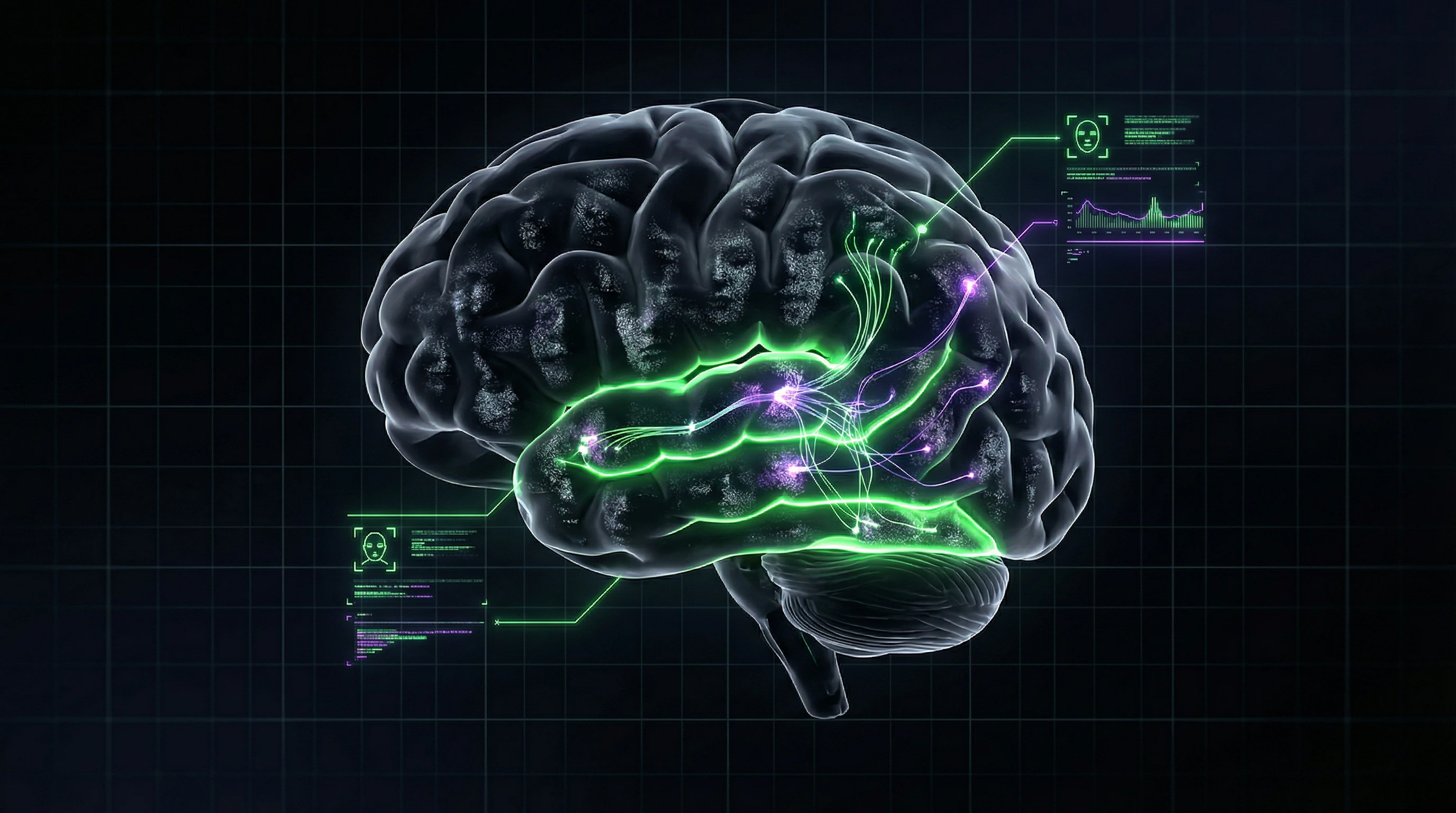 Нейронные пути распознавания лиц в мозге с подсвеченными областями парейдолической активации