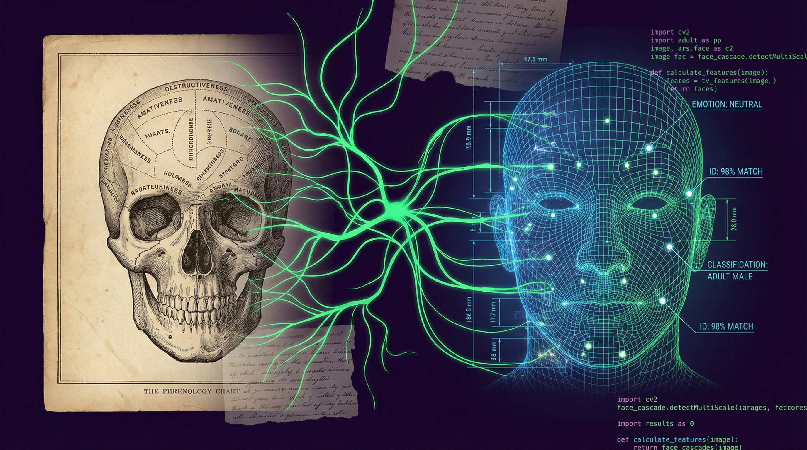Visualization of the fusion of Victorian phrenology with modern computer vision algorithms