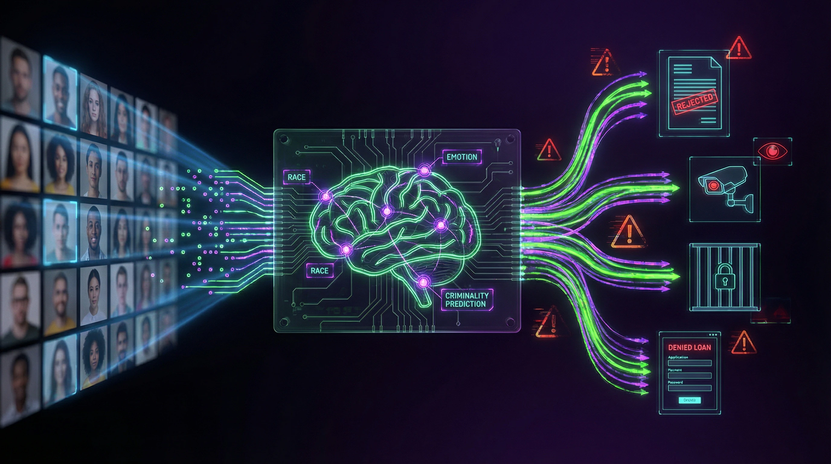 Diagram showing how biometric data becomes a tool of discrimination through physiognomic AI