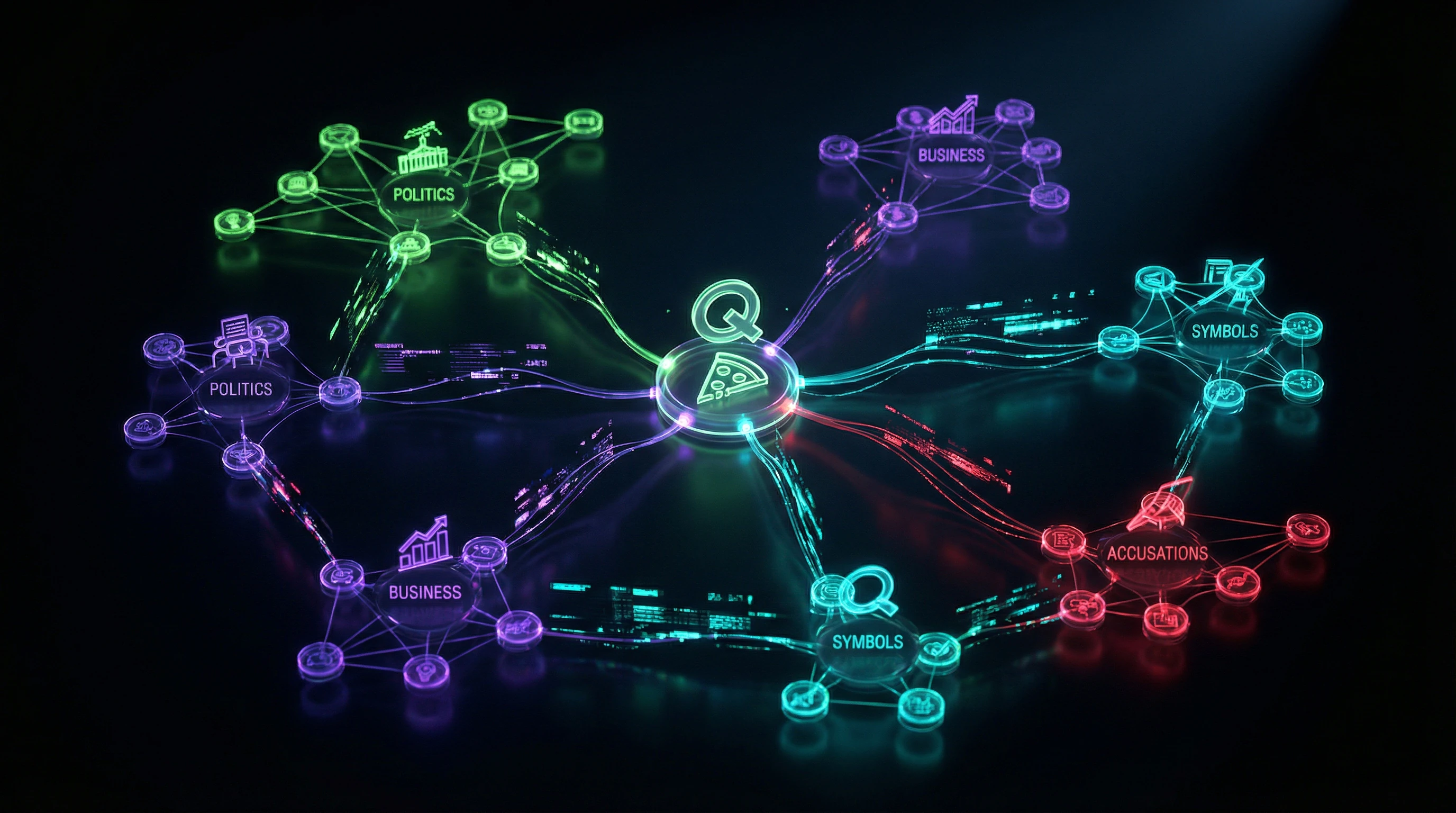 Visualization of multi-domain narrative network of conspiracy theory with nodes of different colors