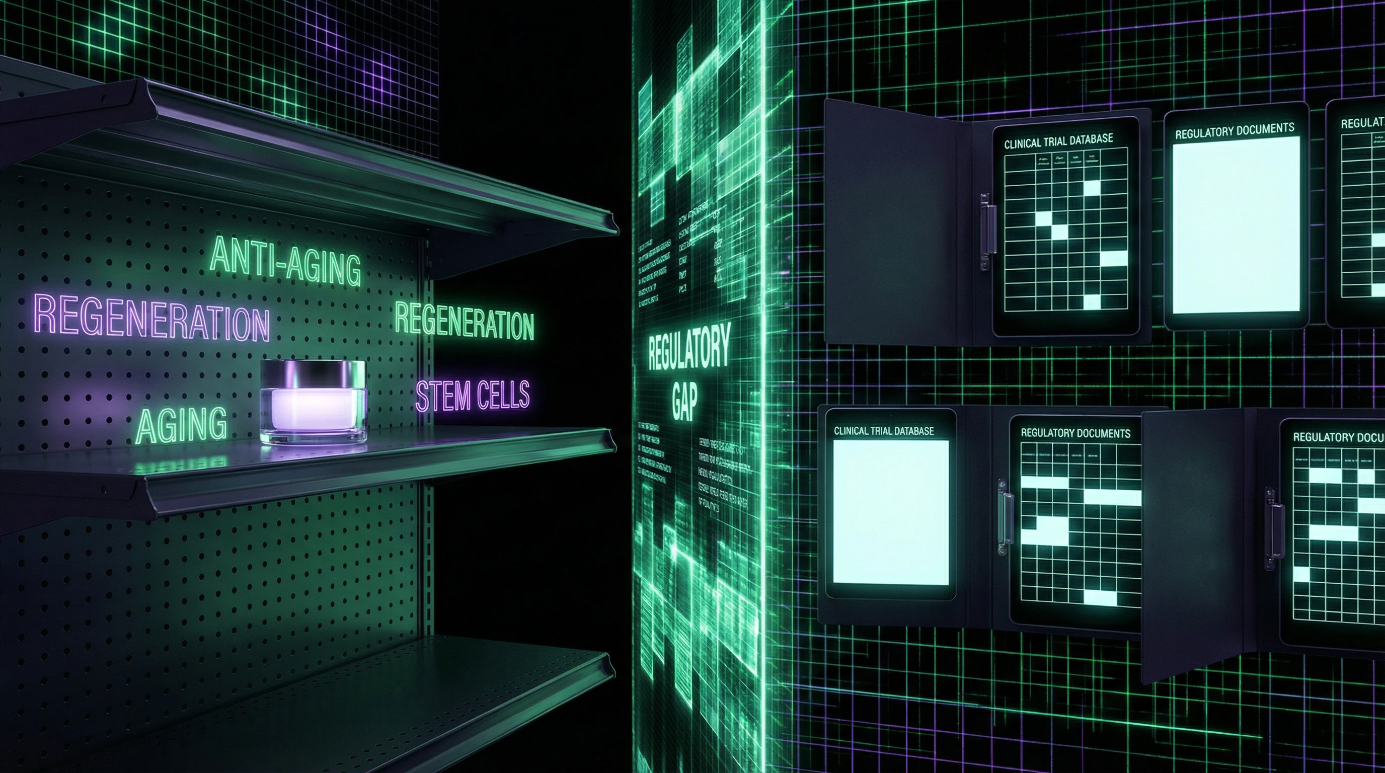 Diagram of regulatory gap between cosmetic claims and medical requirements for placental extracts