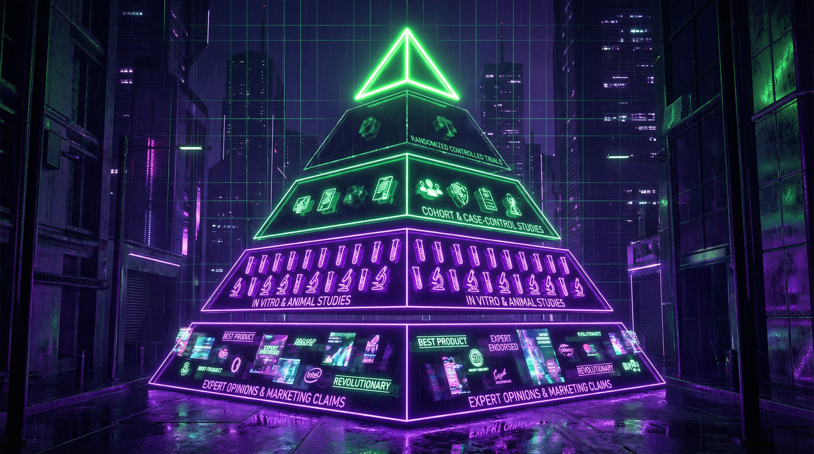 Evidence-based medicine pyramid with placental extract research positioned at lower levels