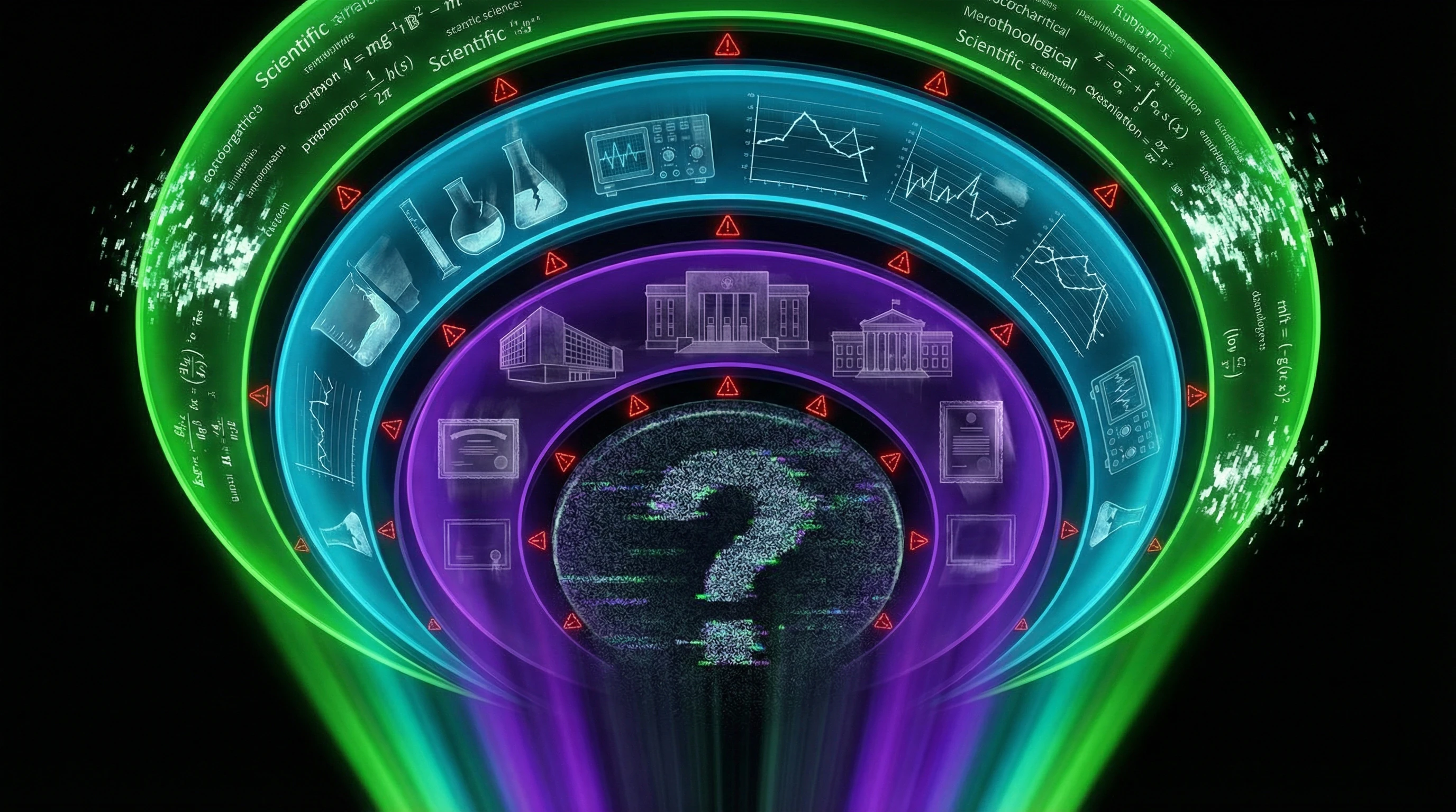 Estructura de tres capas del mimetismo pseudocientífico con visualización de los niveles léxico, metodológico e institucional de imitación