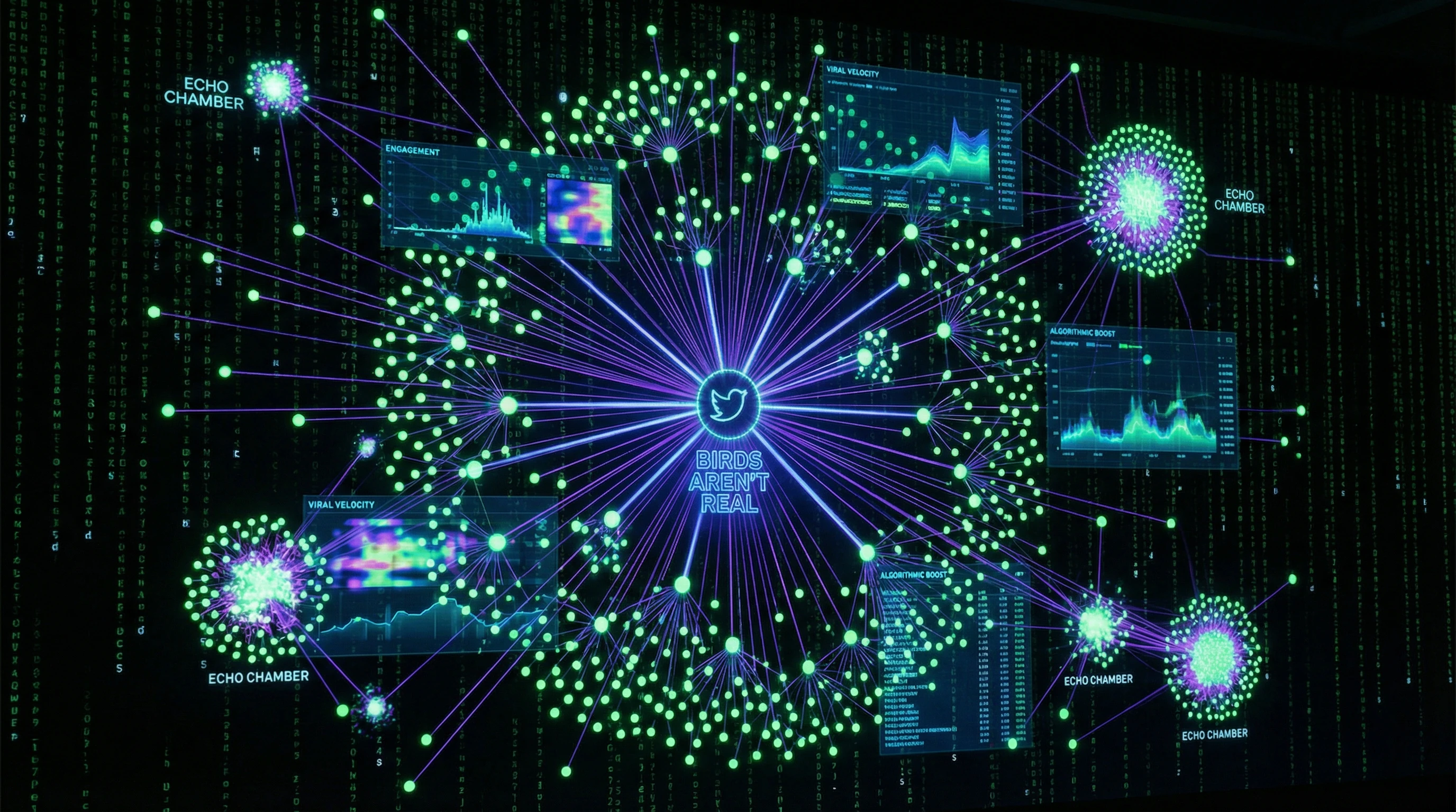 Visualization of conspiracy theory spread through social networks with nodes and connections