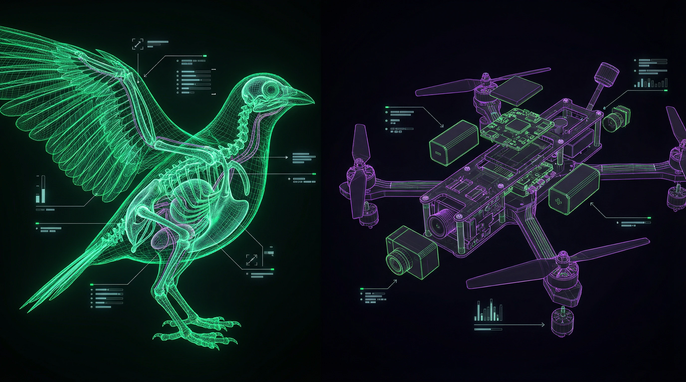 Comparative infographic of biological bird and hypothetical drone with technical specifications