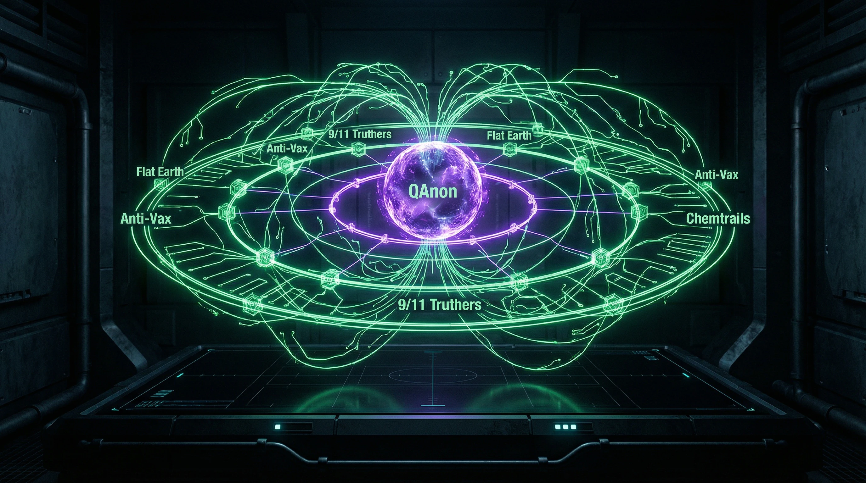 Schematic visualization of the multi-layered structure of the QAnon conspiratorial narrative