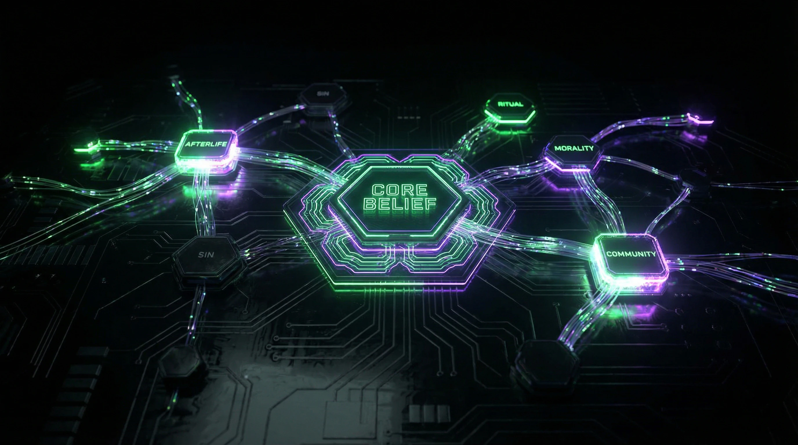 Diagram of religious memeplex with interconnected nodes of beliefs and practices