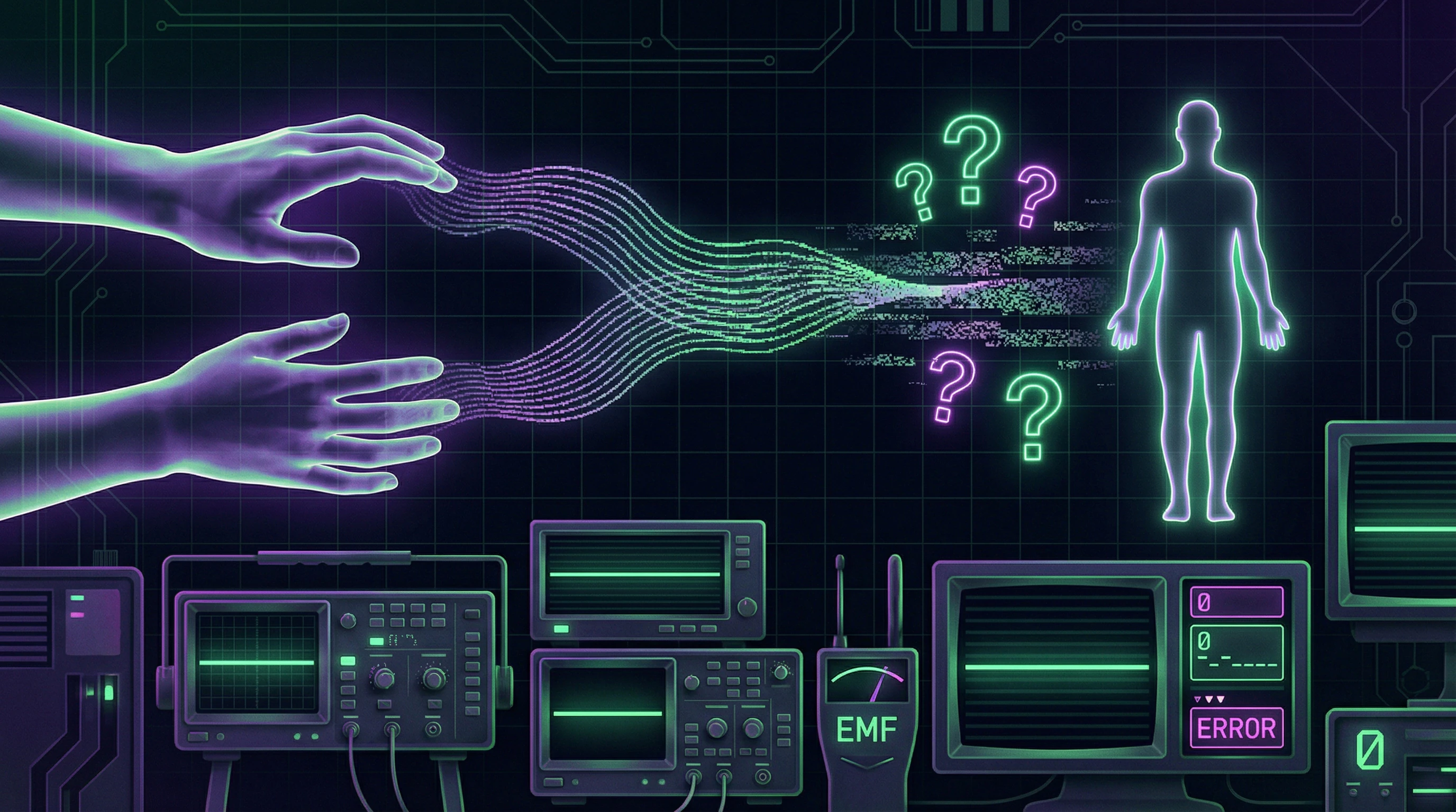 Conceptual diagram of energy healing with practitioner's hands and invisible energy waves