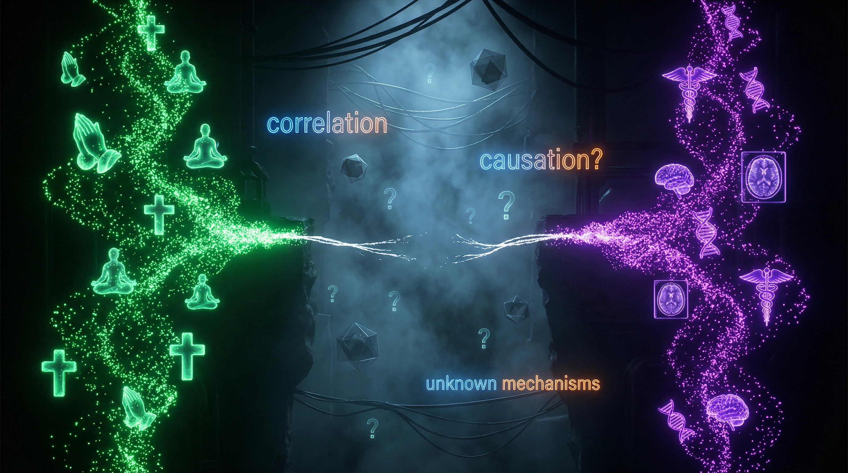 Визуализация разрыва между корреляцией и причинностью в исследованиях религии и здоровья