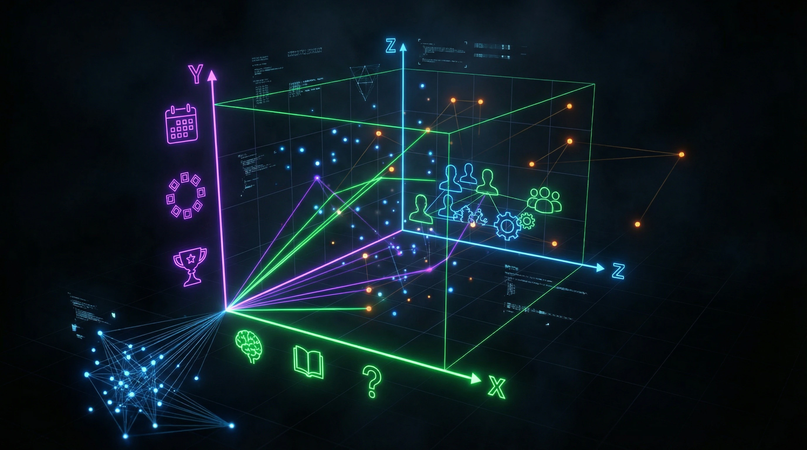 Three-dimensional diagram of religious analysis with axes of belief, ritual, and community