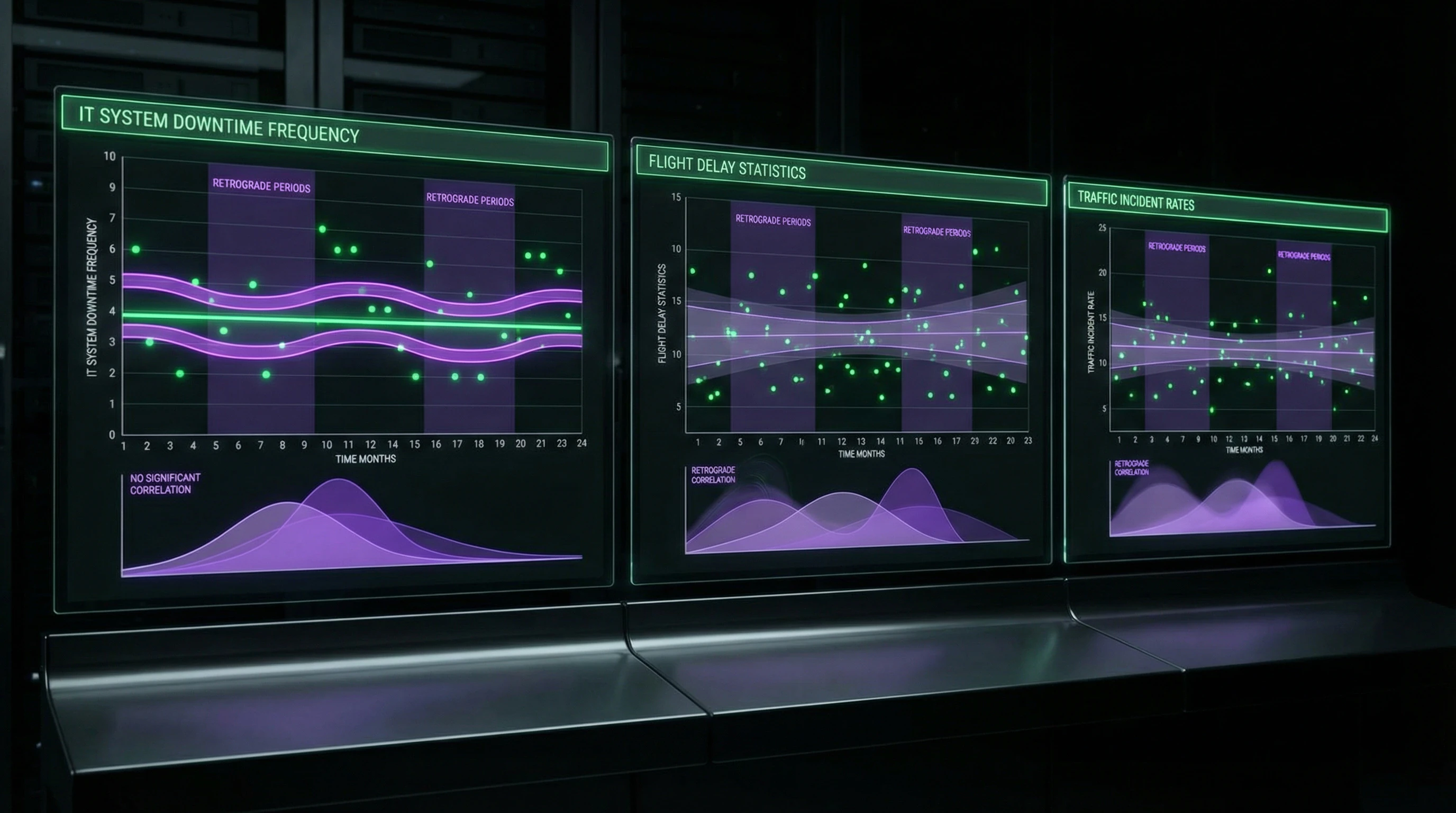 Графики статистического анализа частоты технических сбоев и транспортных инцидентов в периоды ретроградности и вне их