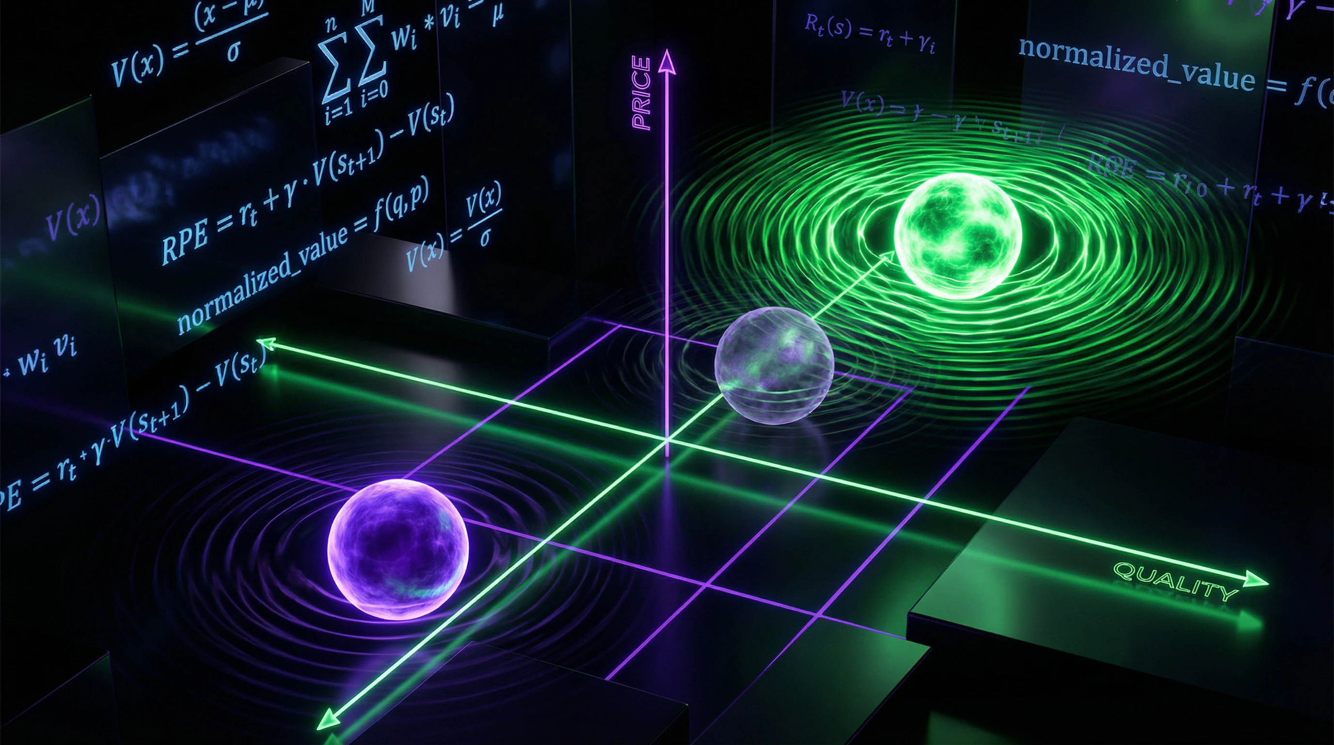 Visualización del efecto de atracción con tres opciones en un espacio bidimensional de atributos y las correspondientes señales de RPE