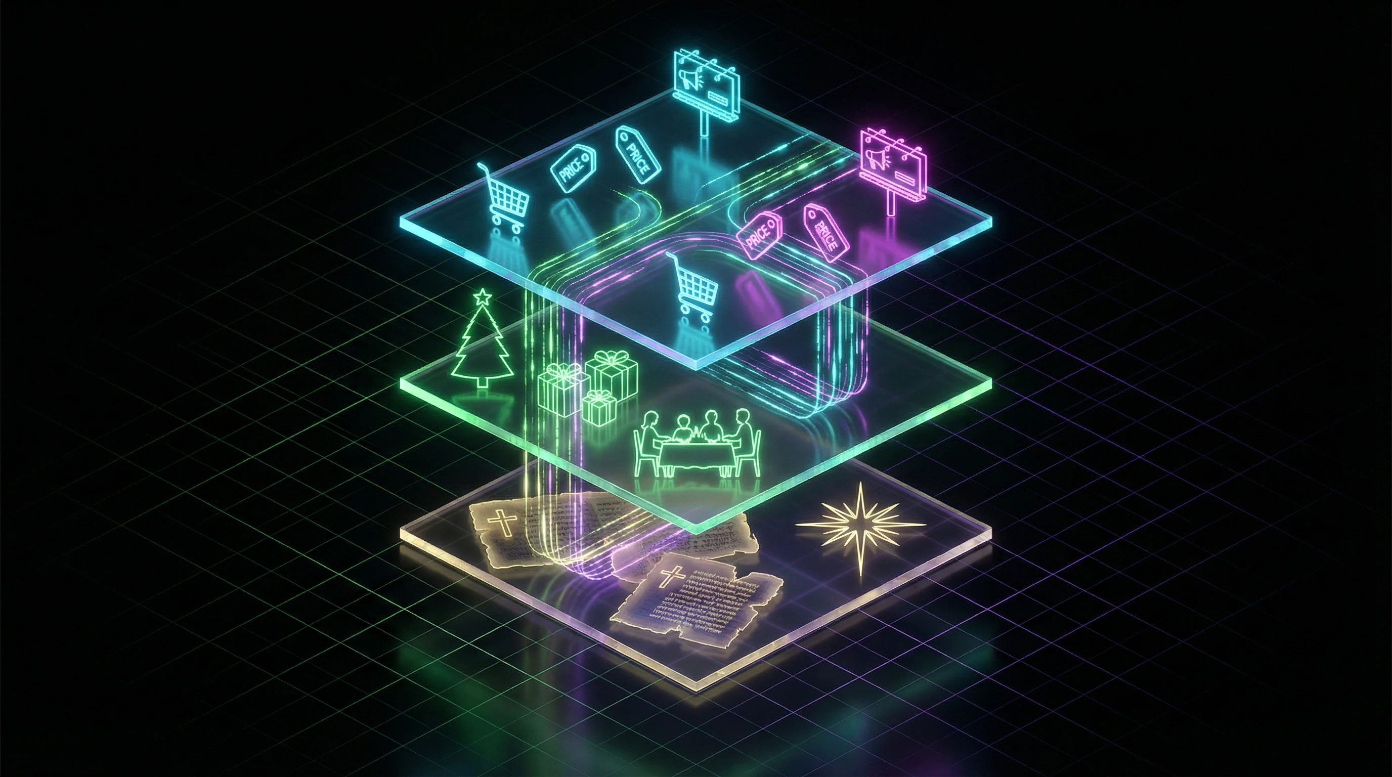 Schematic visualization of three layers of the Christmas construct as transparent overlapping planes