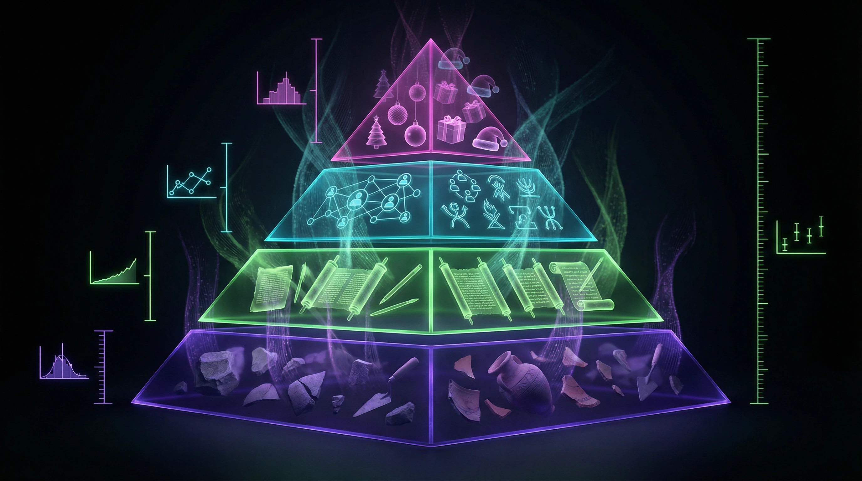 Pyramidal structure of evidence base with gradient of reliability from archaeology to social practices