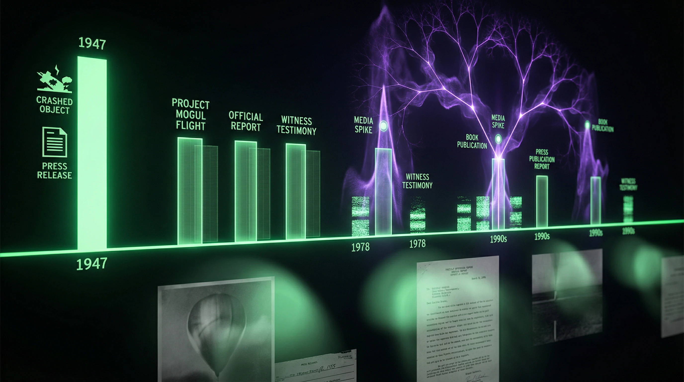 Timeline of the Roswell incident with documentary source overlay