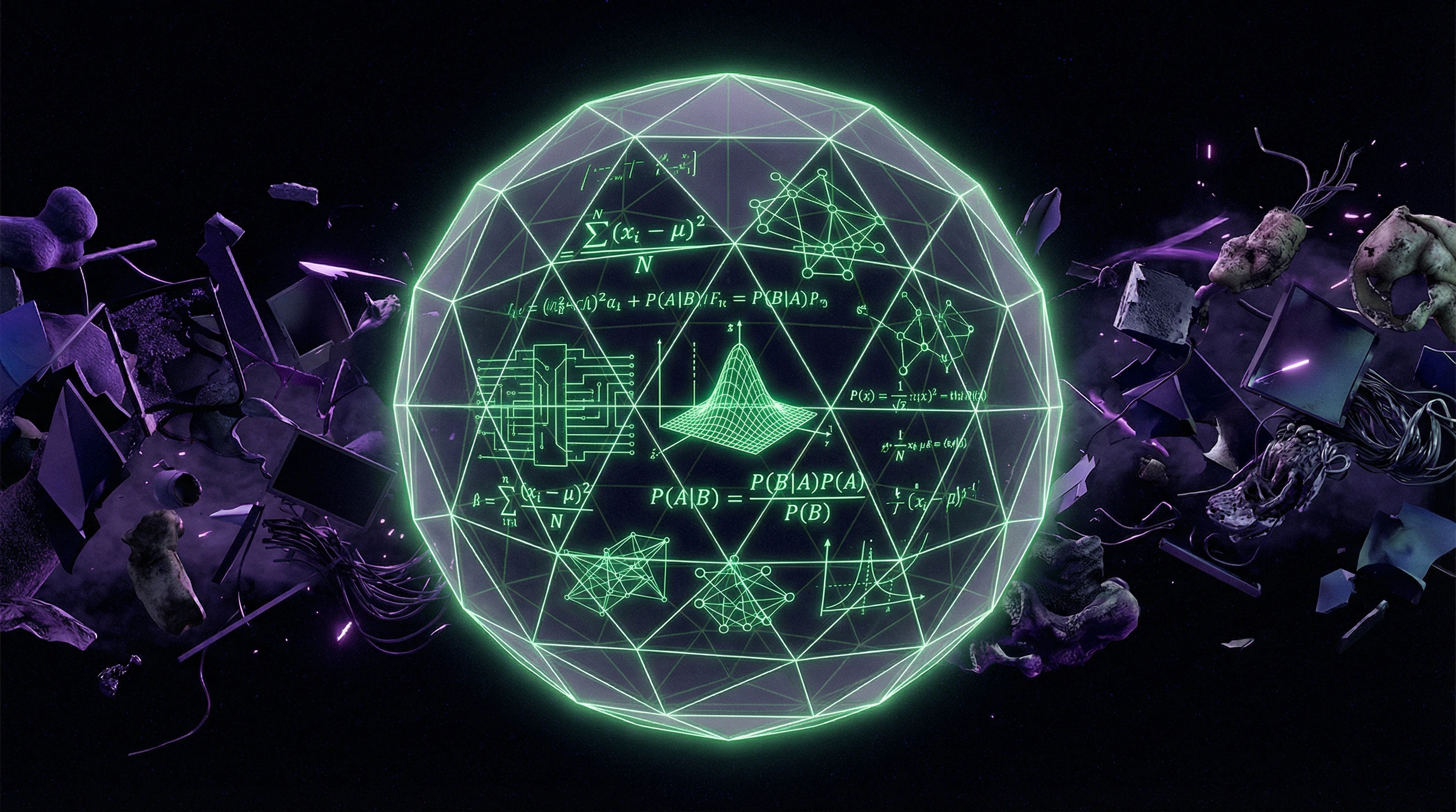 Conceptual visualization of the gap between mathematical model and reality: a transparent sphere with perfect geometric formulas inside, surrounded by chaotic, irregular objects outside