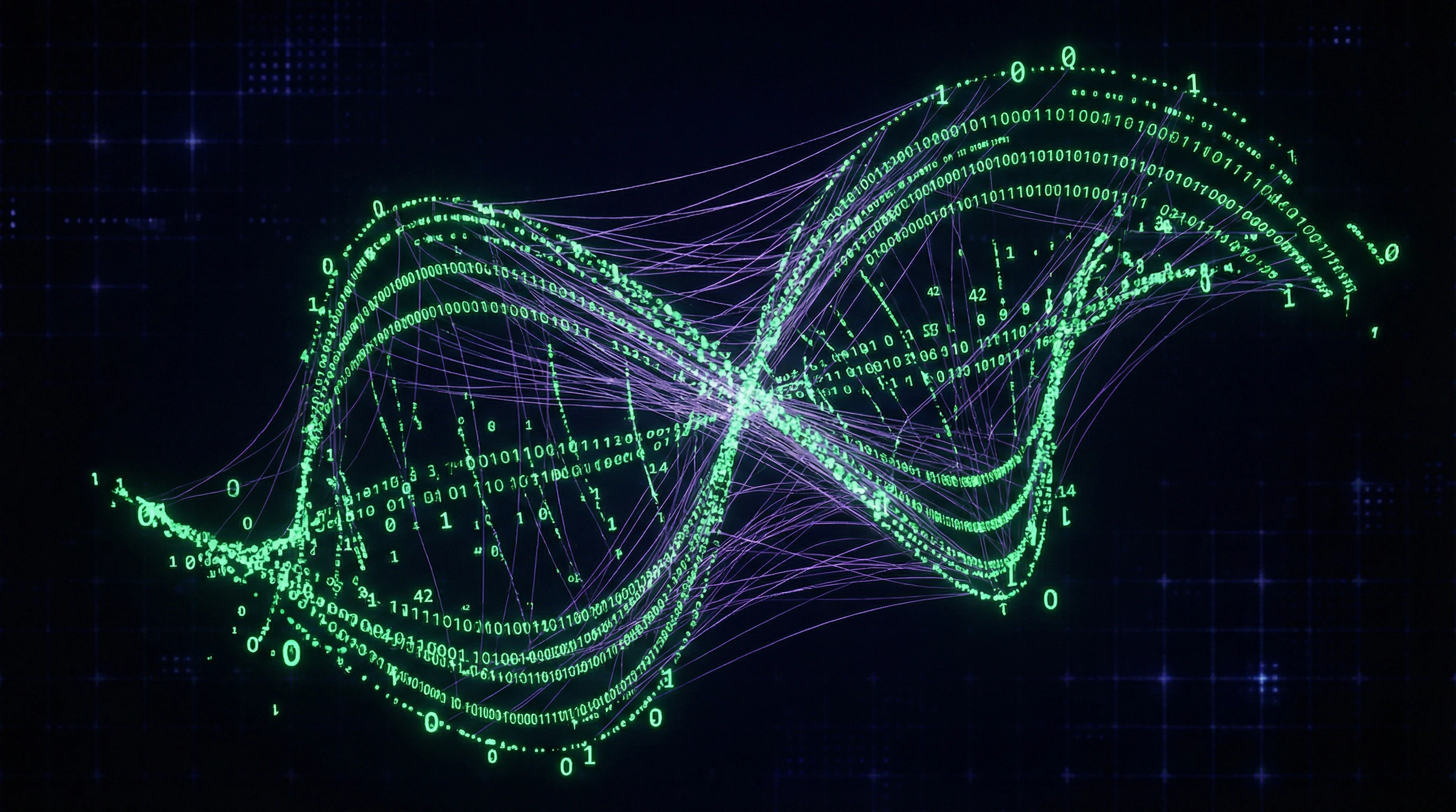Visualization of the correlation-causation trap: two intertwined data spirals connected by multiple thin threads, but without a clear causal arrow