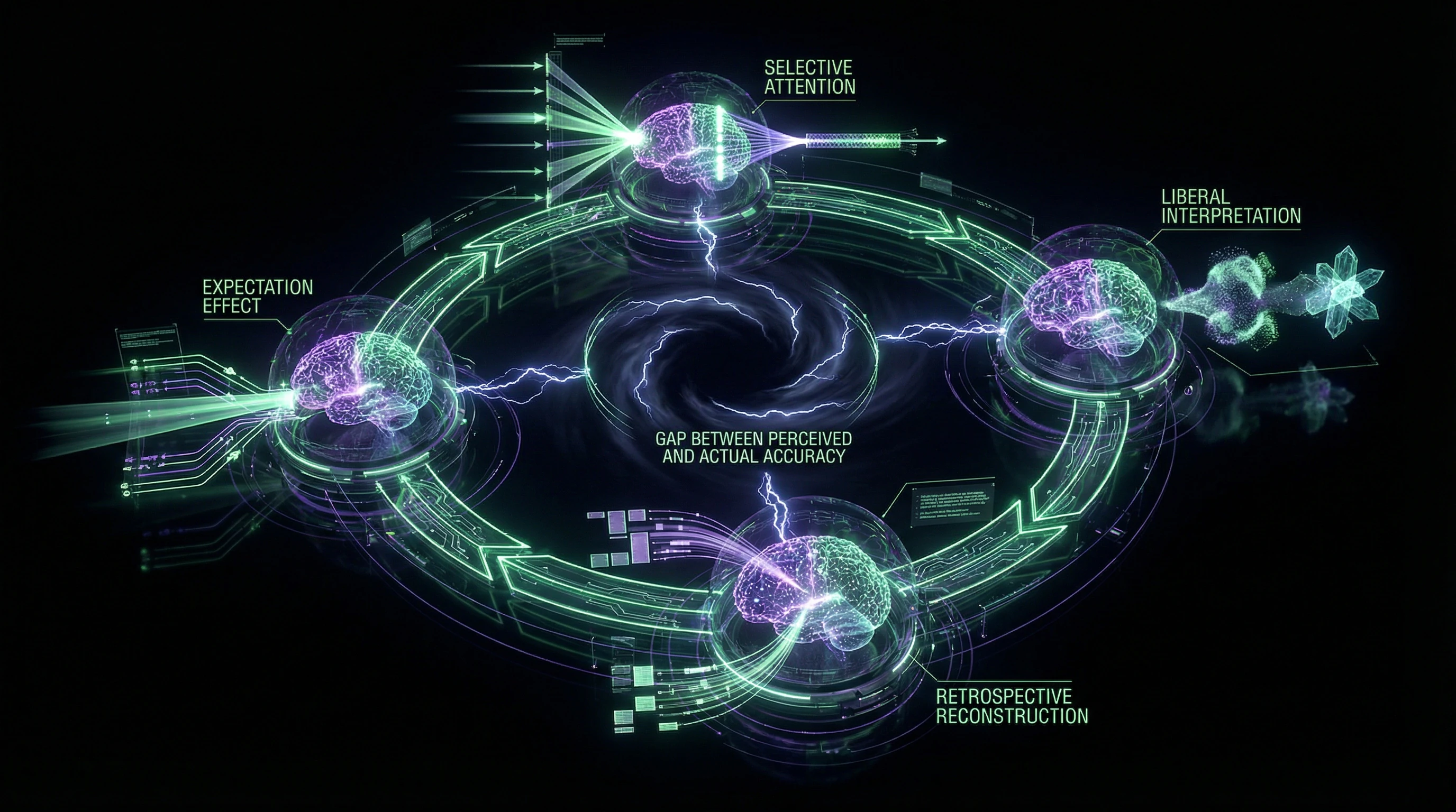Циклическая диаграмма когнитивных искажений, создающих иллюзию точности предсказаний