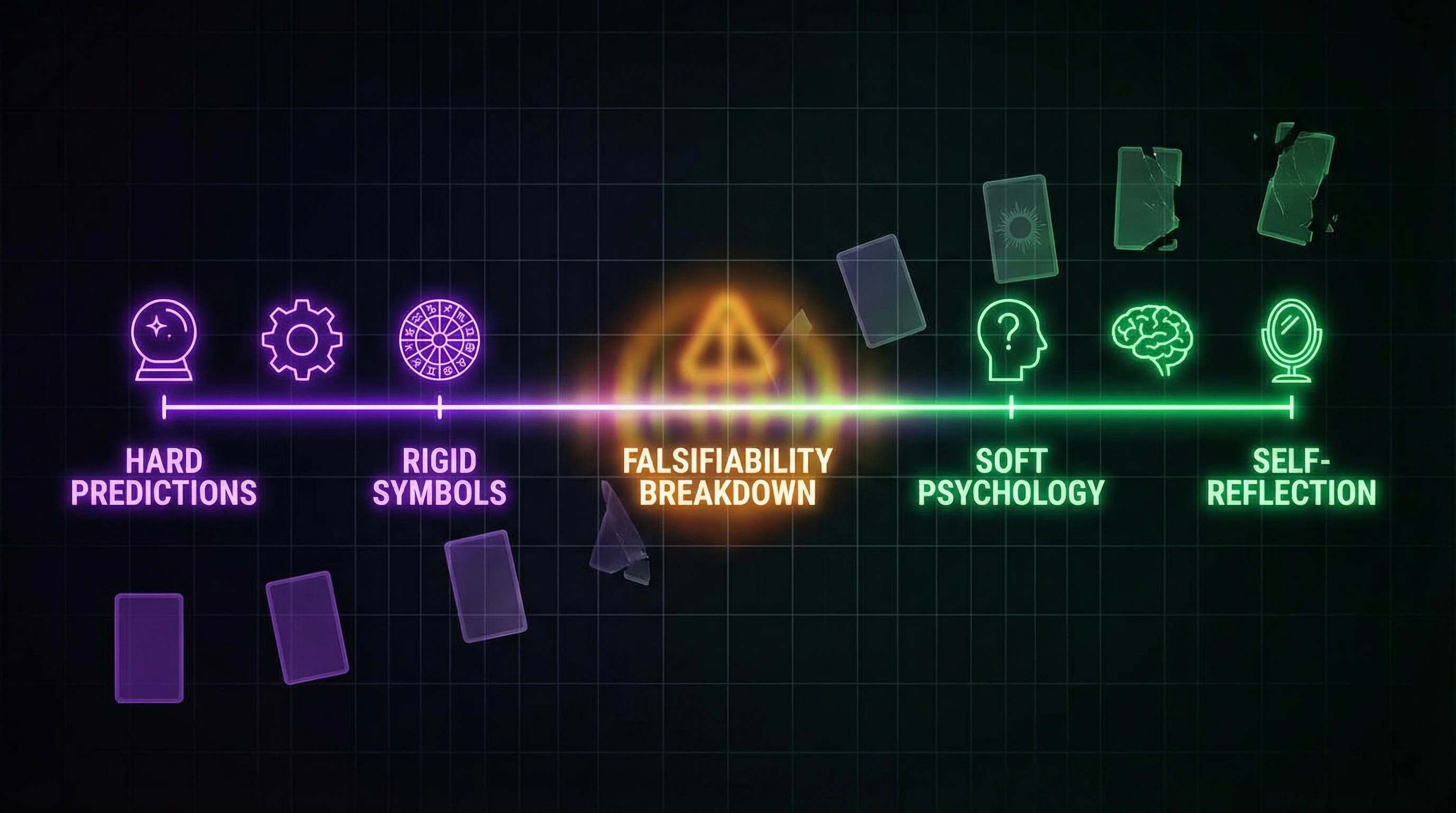 Diagram of blurred boundaries between hard and soft versions of tarot practice with zones of unfalsifiability