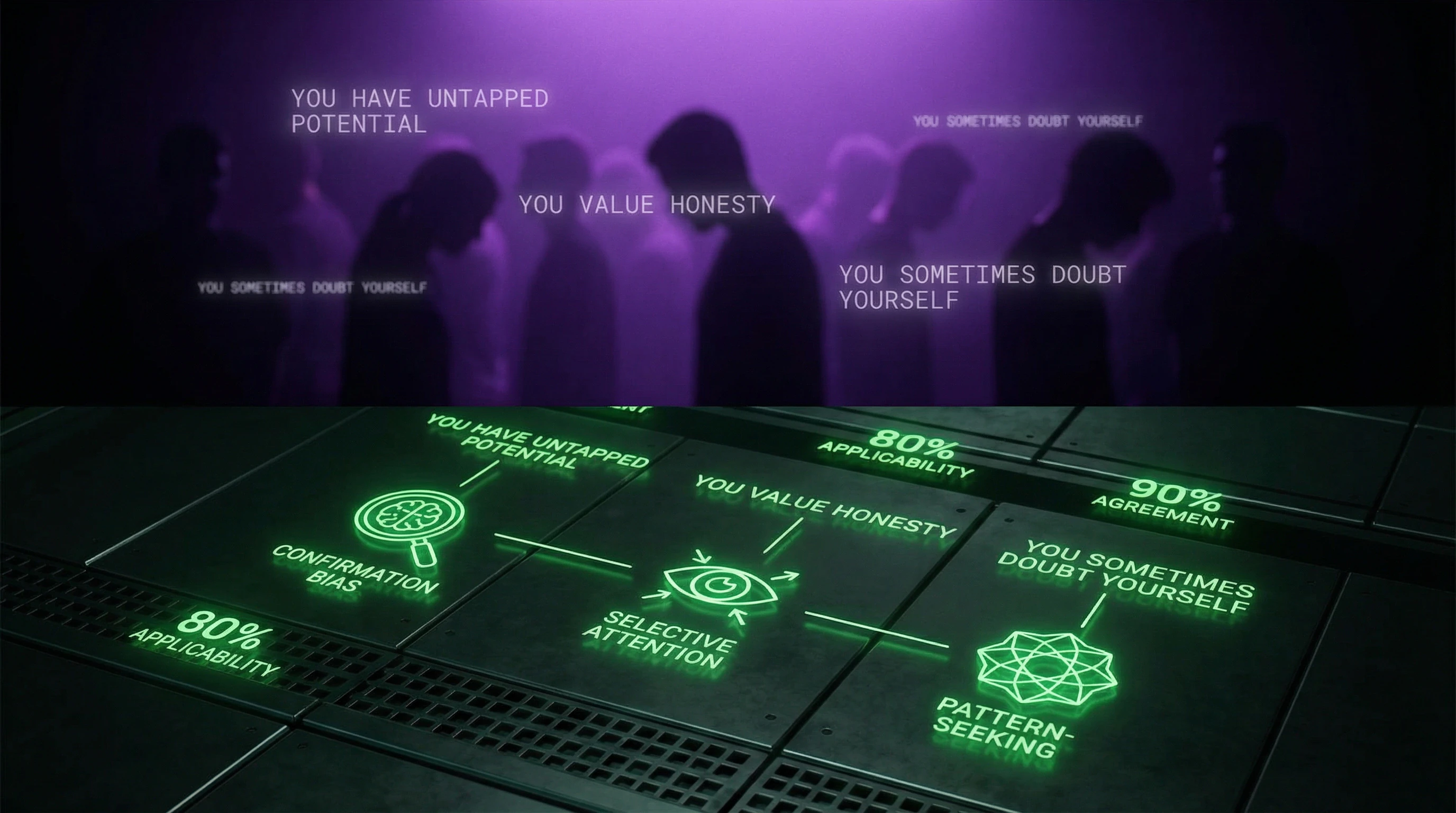 Infographic of the Barnum effect with examples of vague statements and percentage of people who consider them accurate