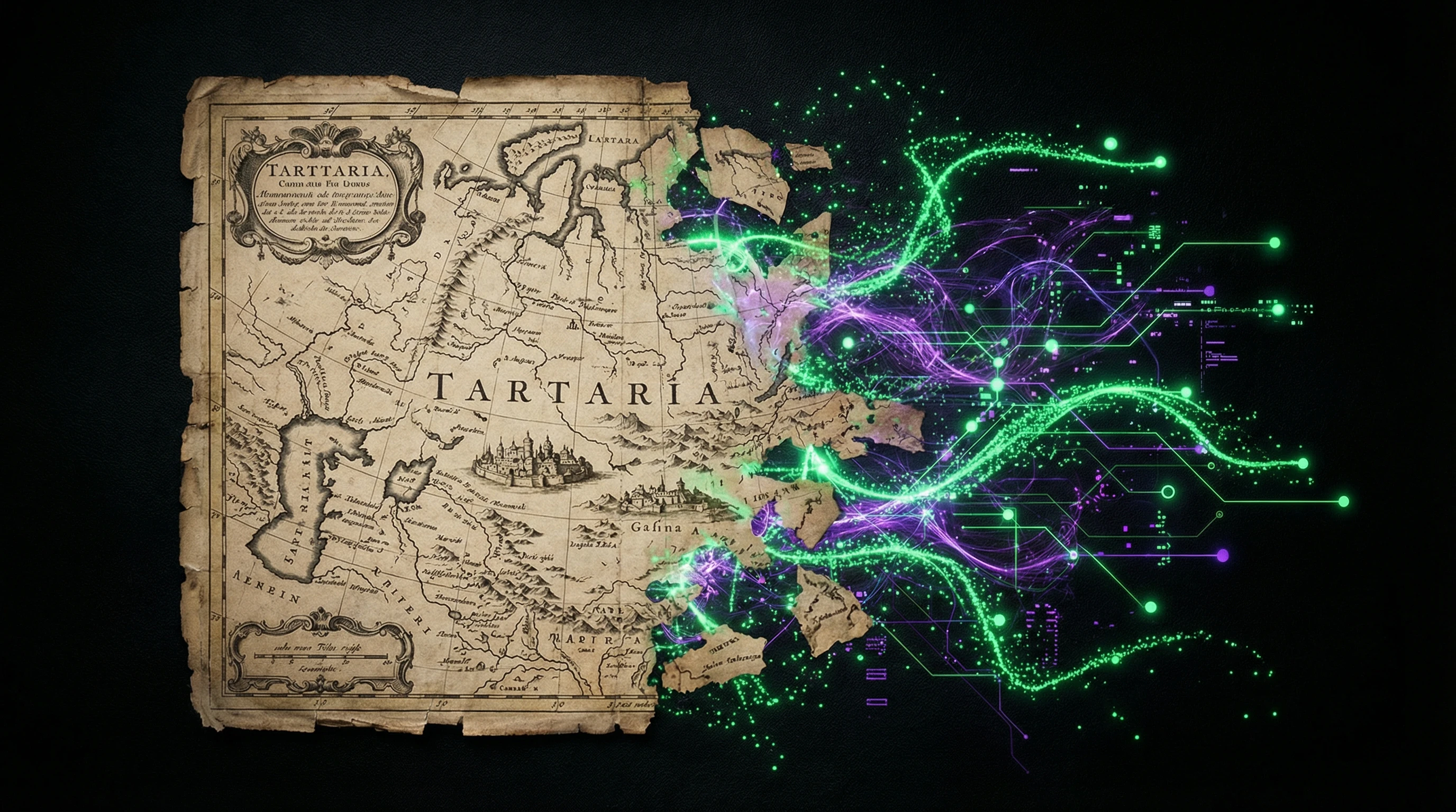 Historical map of Tartaria dissolving into digital glitch effects