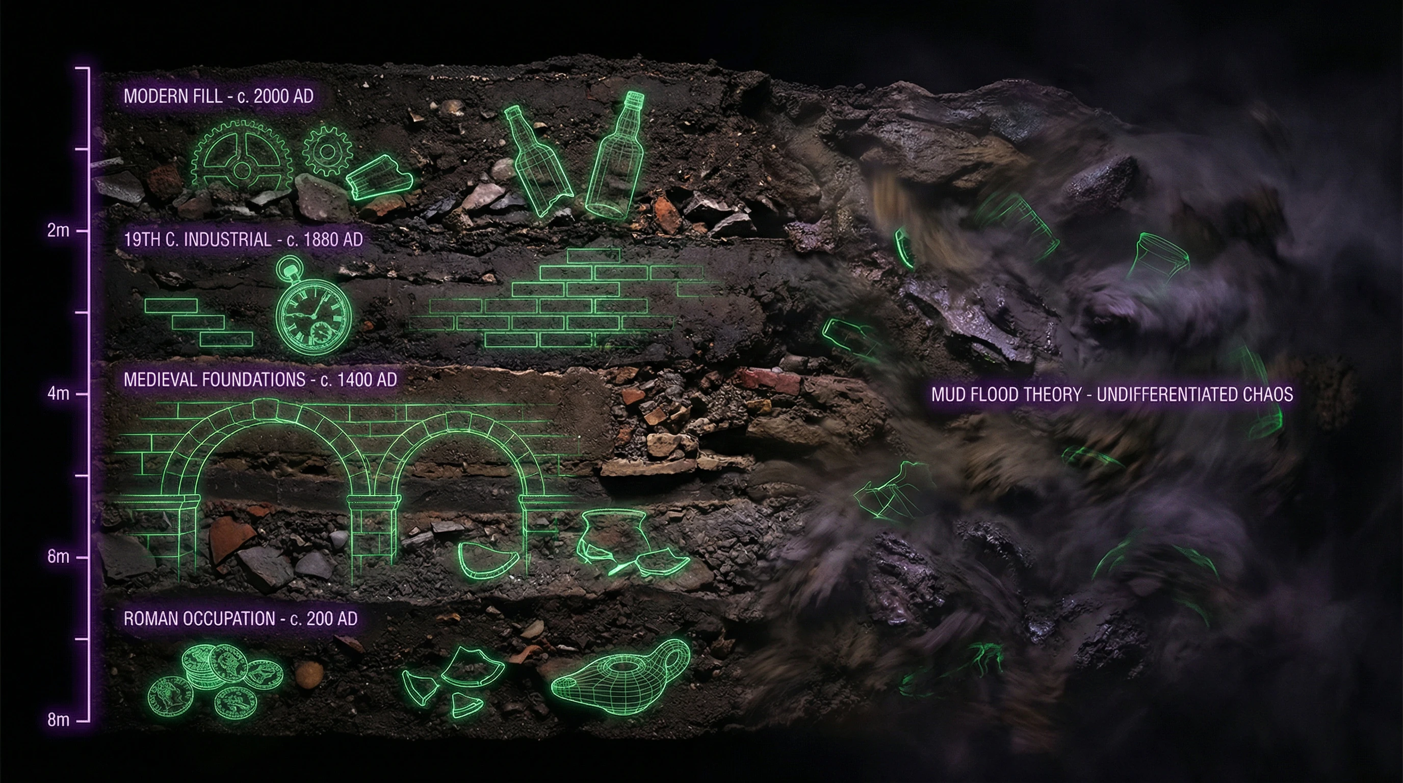 Visualization of archaeological stratification of cultural layer with dated artifacts