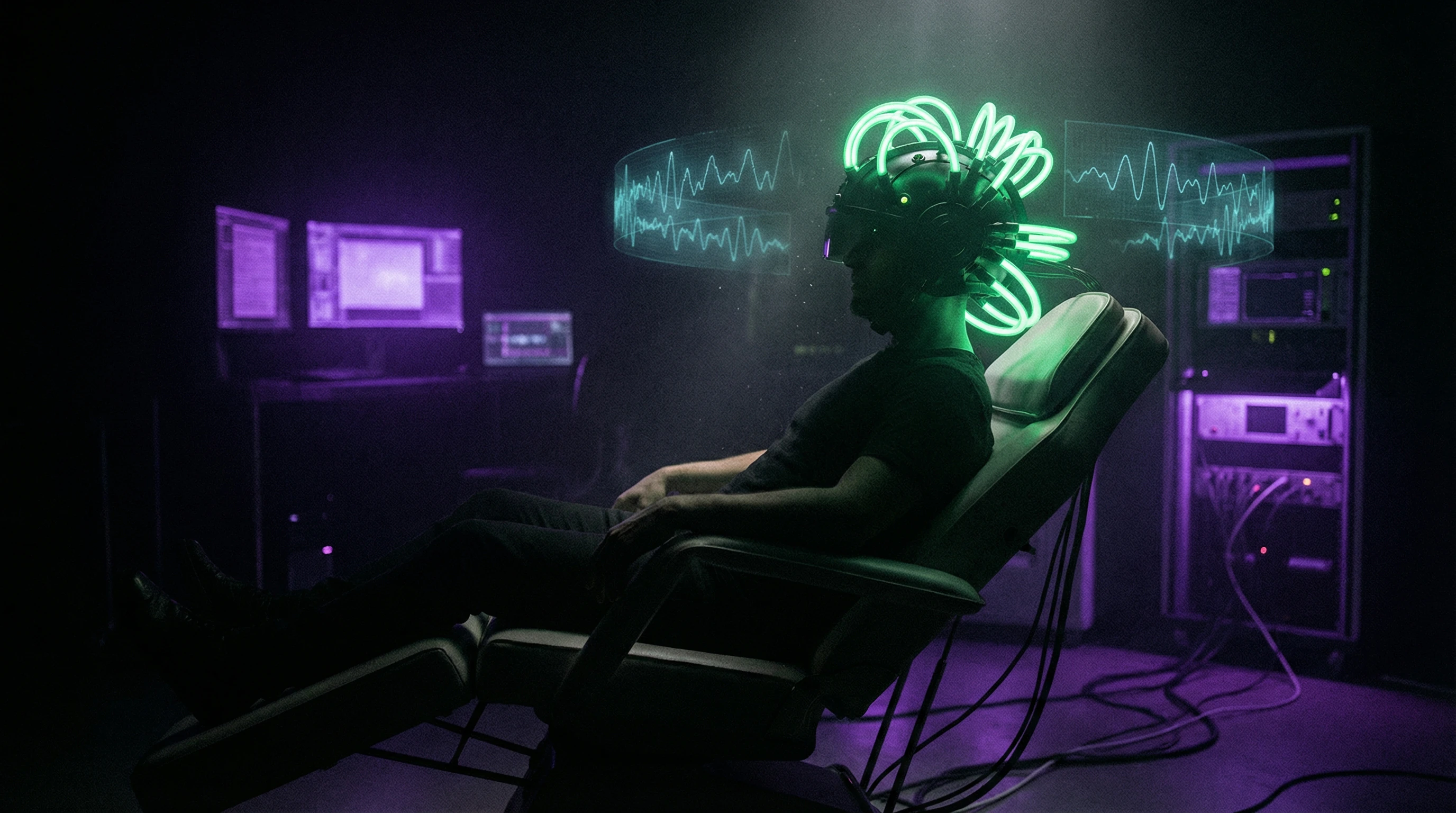 Visualization of experimental setup with God Helmet in sensory deprivation chamber